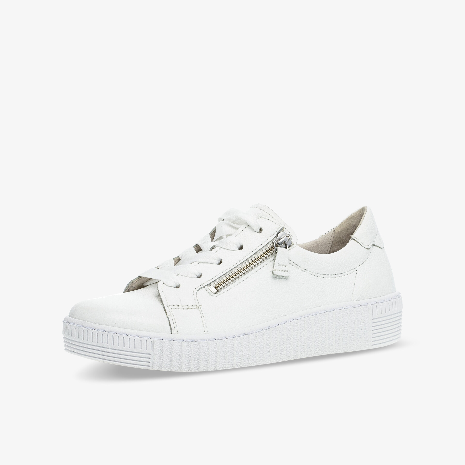 Moderner weißer Sneaker mit seitlichem Reißverschluss und bequemer Sohle.