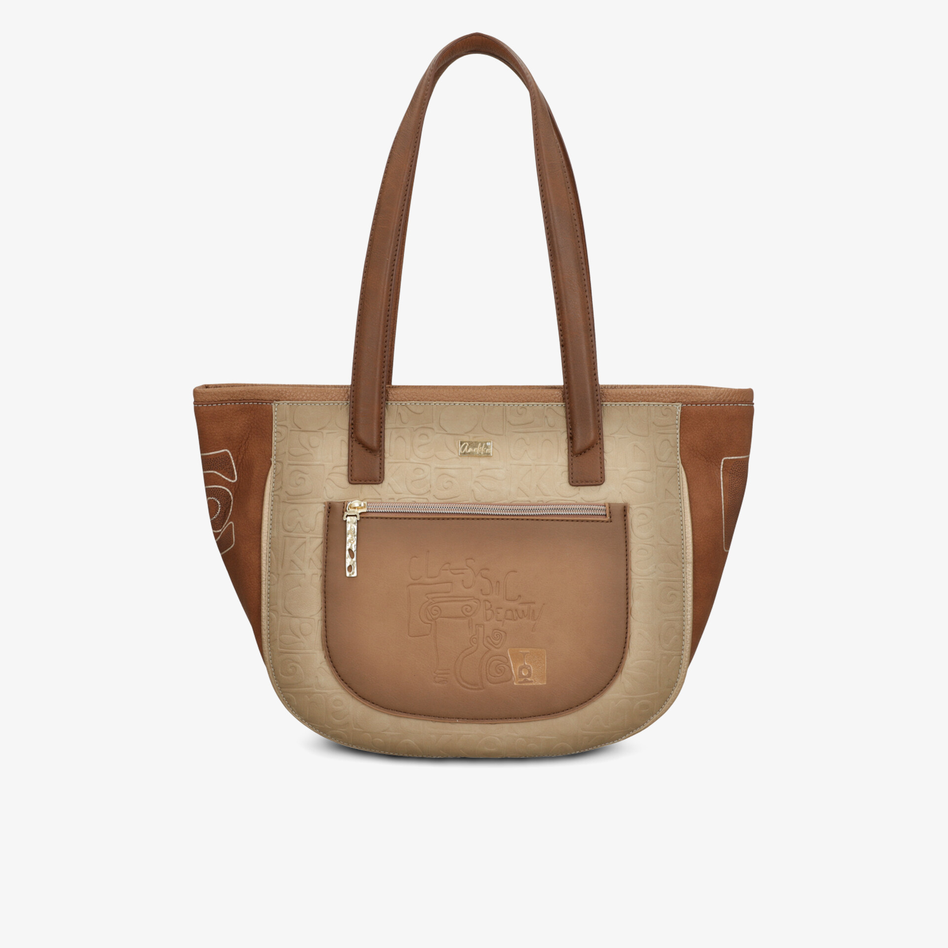 Elegante Tasche in Braun und Beige mit geräumigem Hauptfach und stilvollem Design.