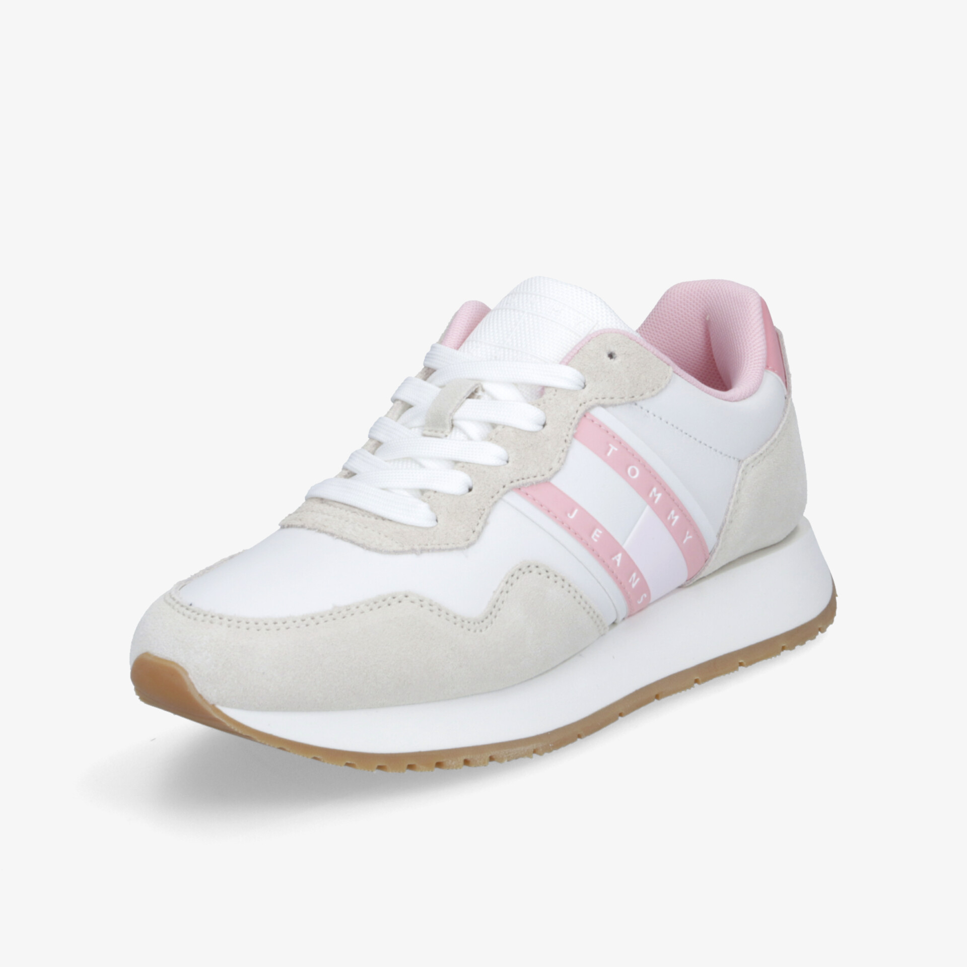 Leichter sportlicher Sneaker in Weiß mit rosa Akzenten, flexible Schnürung und rutschfester Sohle für Komfort