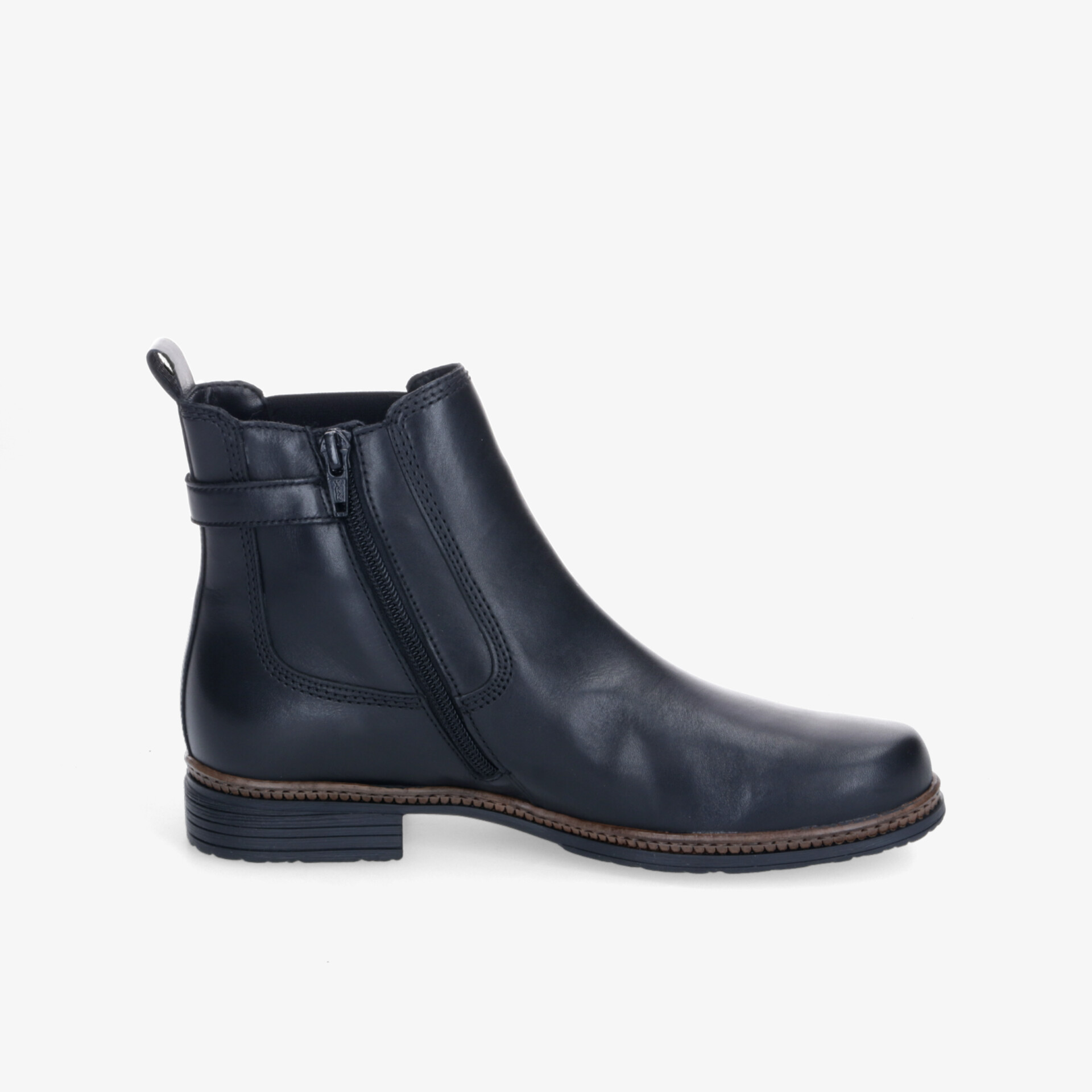 Elegante schwarze Stiefelette aus hochwertigem Leder mit seitlichem Reißverschluss und robustem Absatz