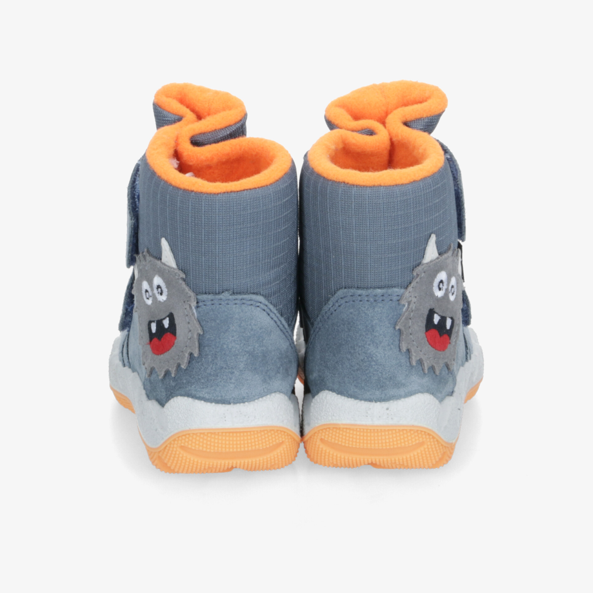 Rückansicht von robusten Kinder Schuhen mit gepolstertem Schaft und niedlichem Monster-Motiv, rutschfeste Sohle