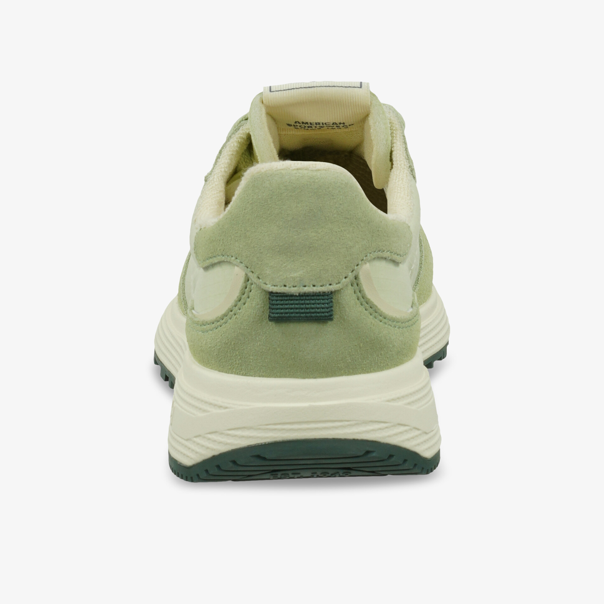Rückansicht eines robusten, bequemen Sportschuhs mit gedämpfter Sohle und sportlichem Design in Grün und Beige
