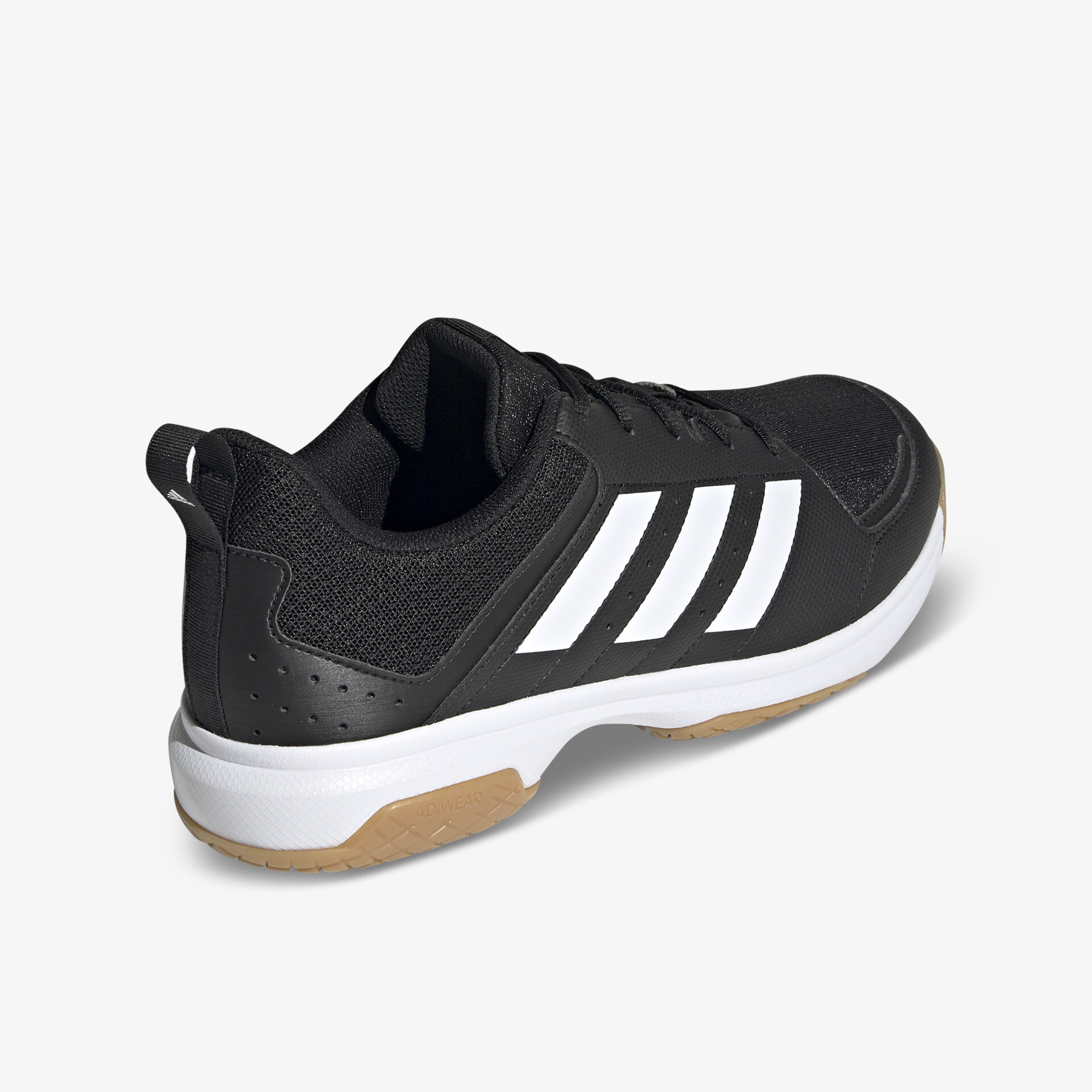 Leichter schwarzer Sportschuh mit weißem Design, rutschfester Sohle und komfortabler Passform in schräger hinterer Ansicht