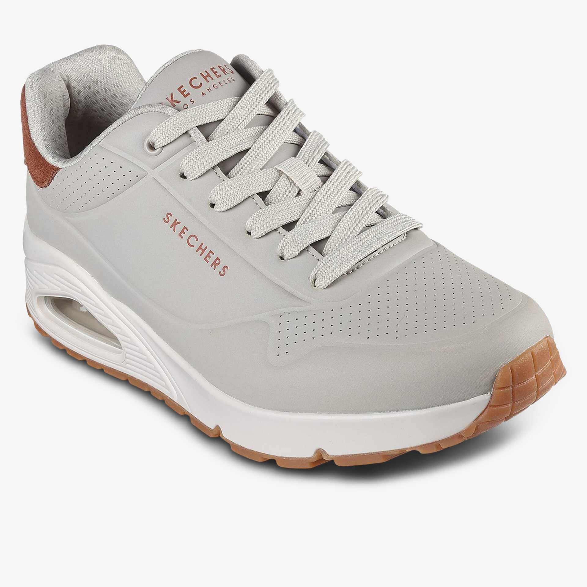 Grauer Sneaker mit braunen Details, bequem und modisch. Perfekt für den Alltag.