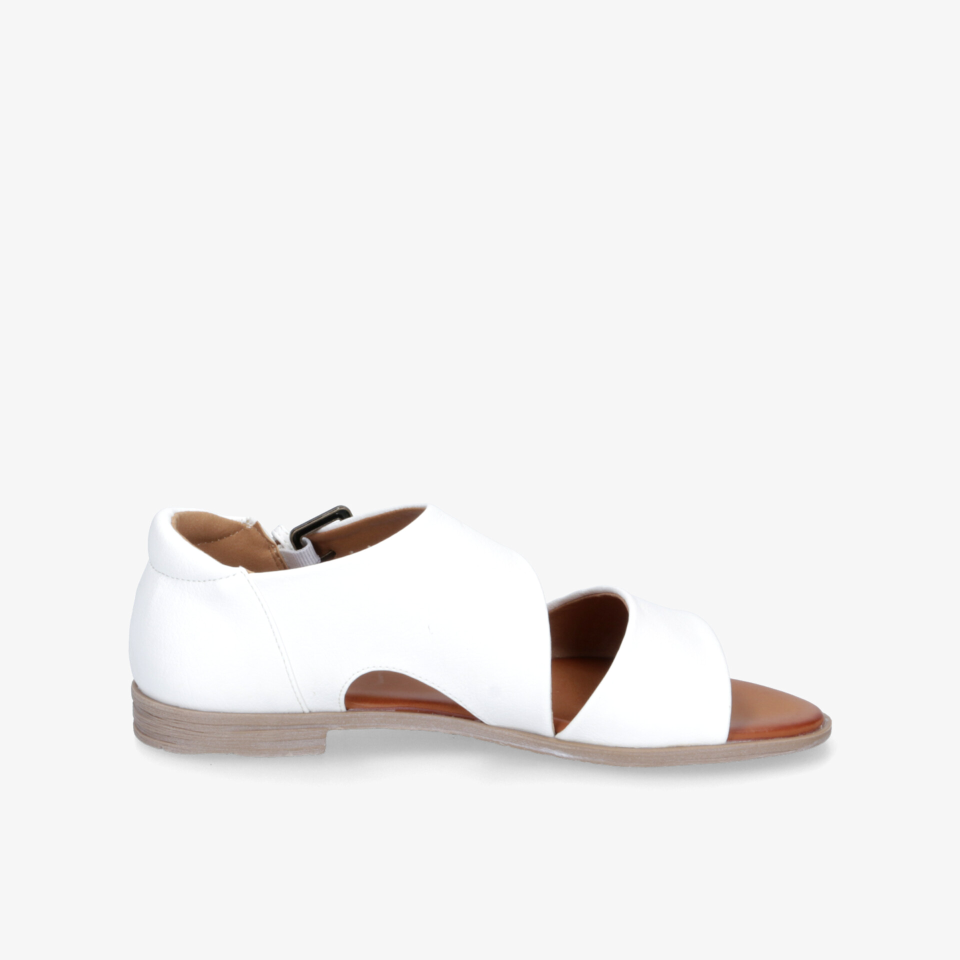 Weißer moderner Sandalenschuh mit offenem Design und bequemer Passform, seitliche klare Ansicht