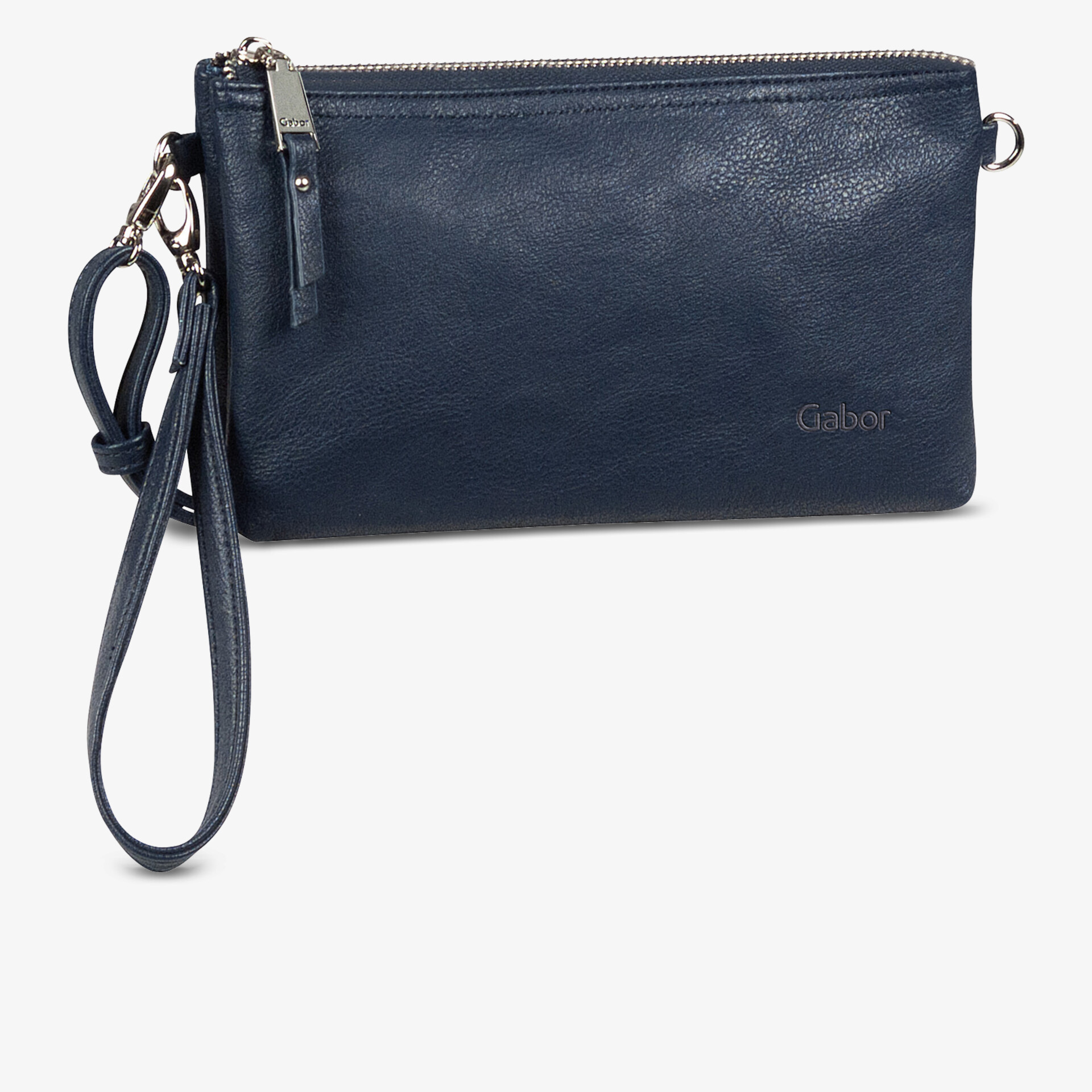 Kompakte navy blaue Tasche aus feinem Leder mit Reißverschluss und abnehmbarem Tragehenkel, ideal für Alltag