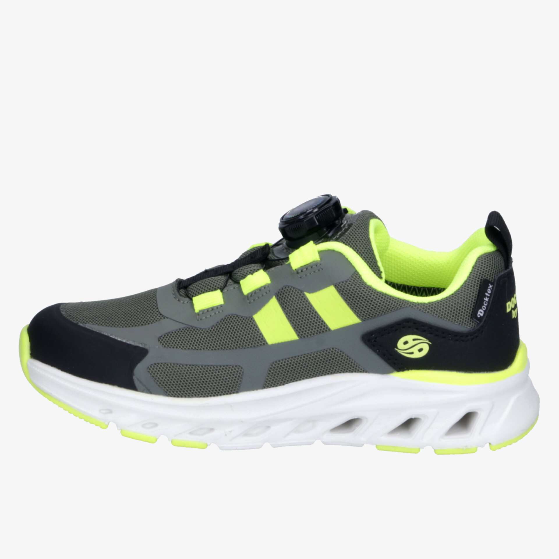 Sportlicher Sneaker in Grau und Neongelb mit robuster Sohle und komfortabler Passform seitlich abgebildet