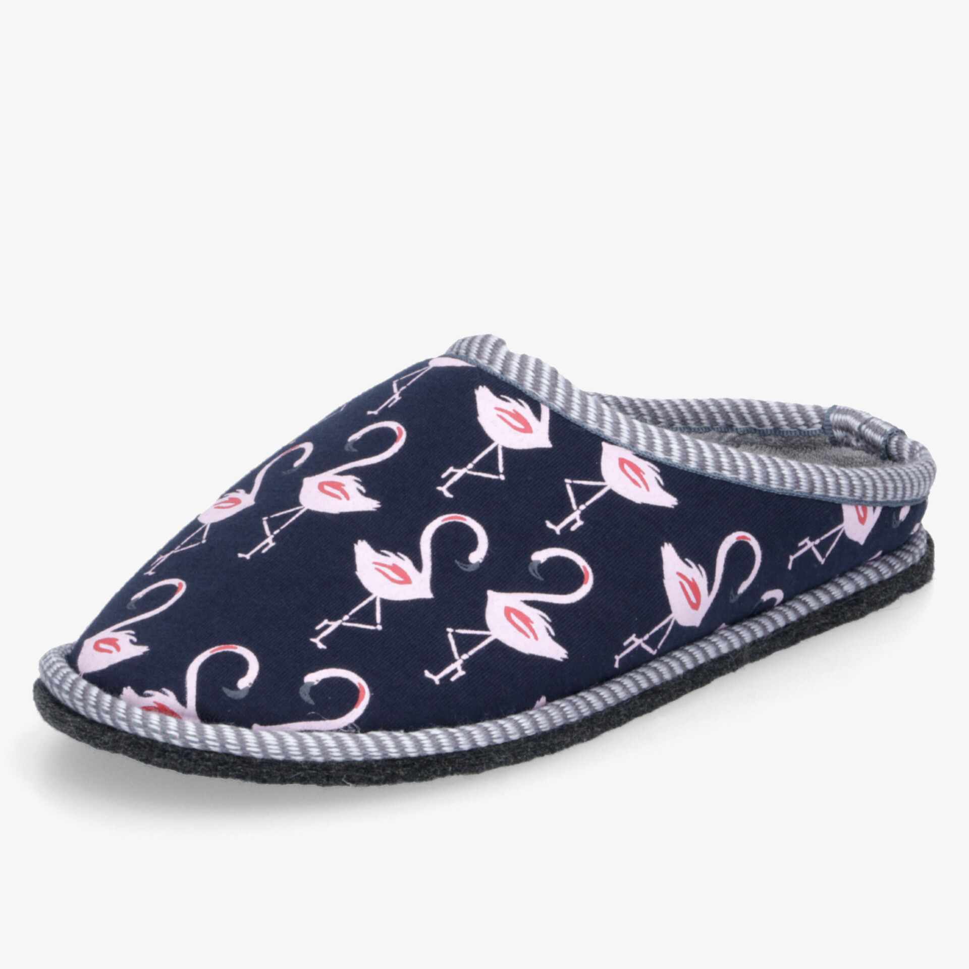 Bequemer blauer Hausschuh mit weichem Innenfutter und attraktivem Flamingo-Muster, ideal für gemütliche Stunden zu Hause