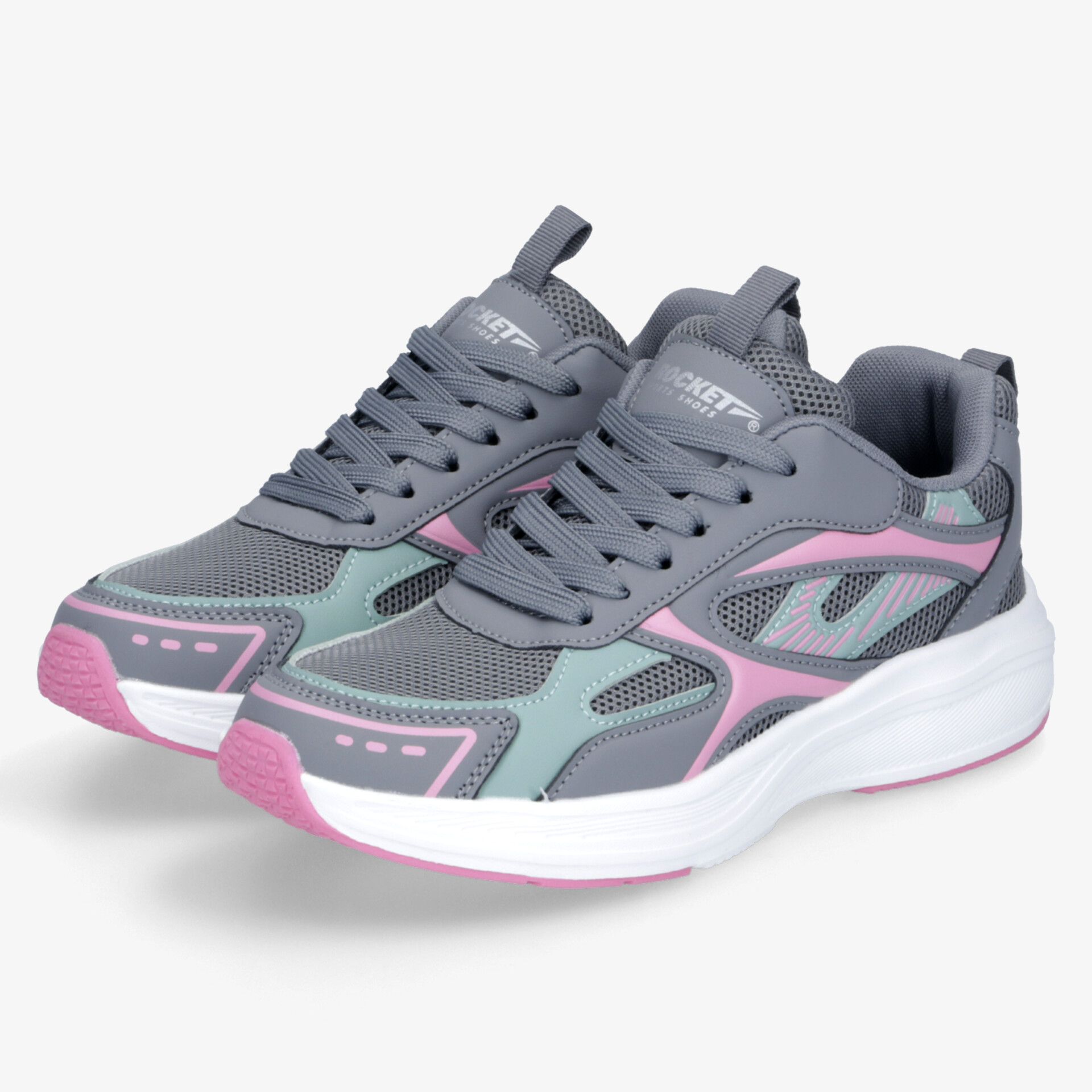 Sportliche graue und pinke Laufschuhe mit atmungsaktivem Material und dämpfender Sohle