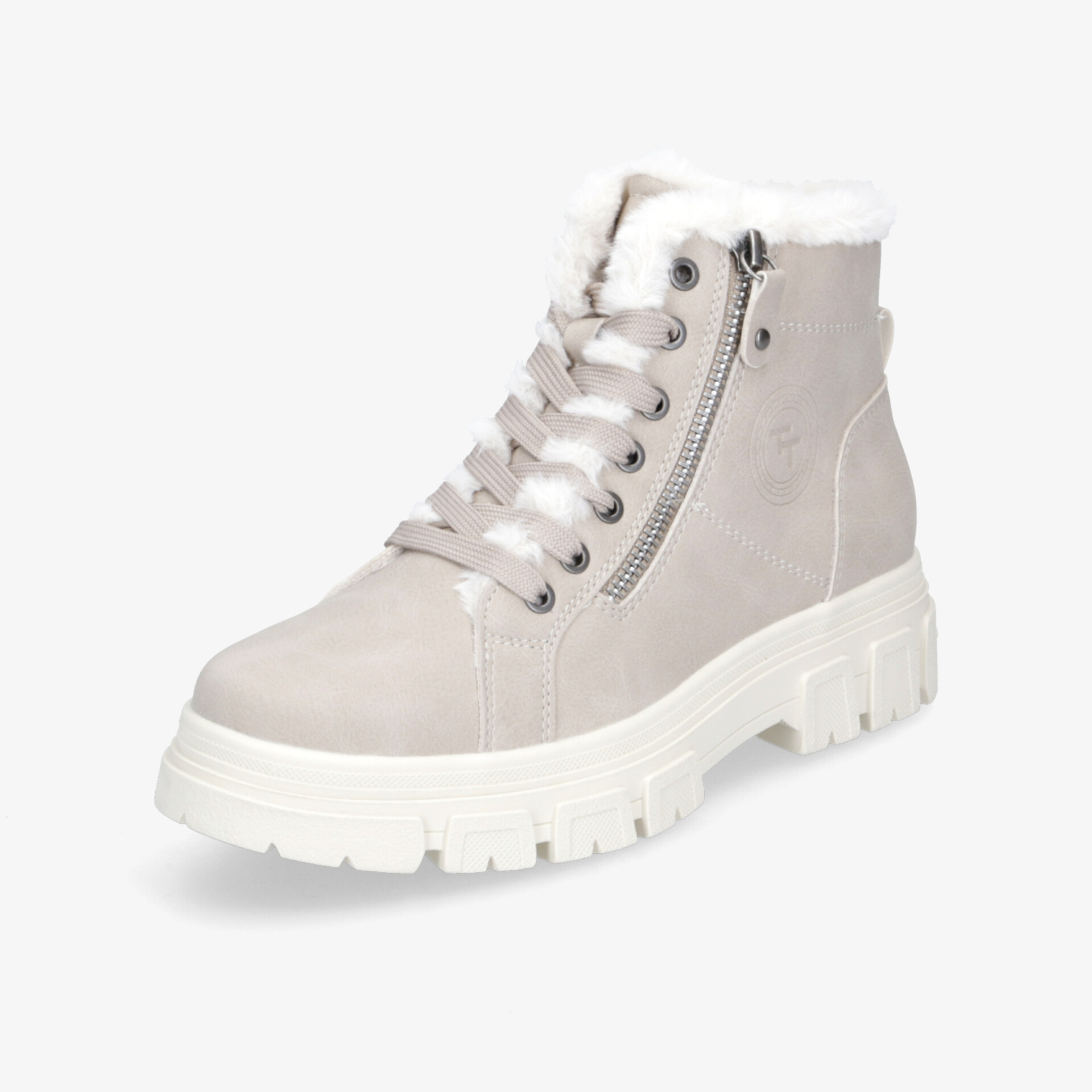 Beiger warmer Winterstiefel mit dick profilierter Sohle, schnürbar, Reißverschluss und kuscheligem Innenfutter