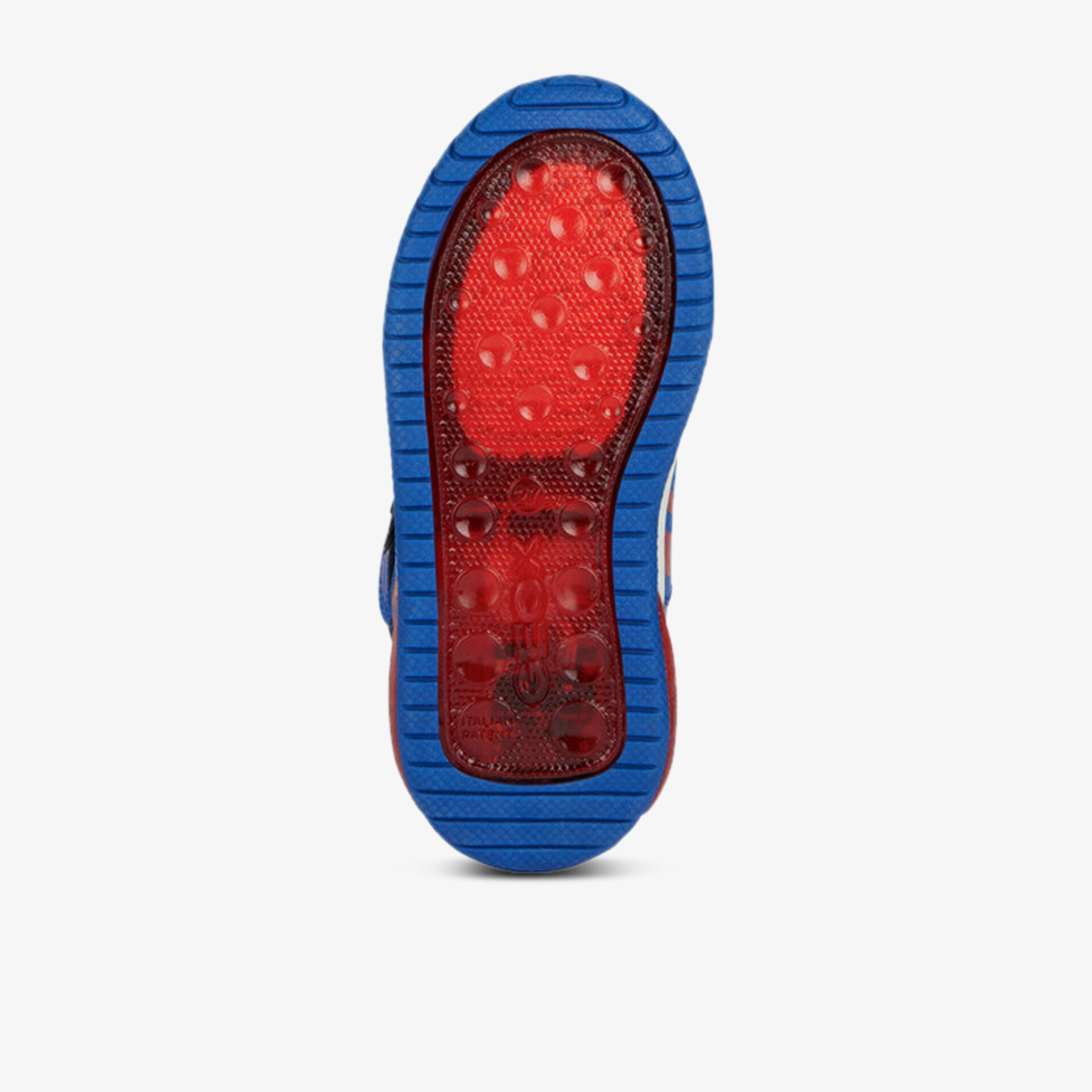 Rutschfeste, langlebige Schuhsohle in Blau und Rot für besten Halt und Komfort auf verschiedenen Untergründen.