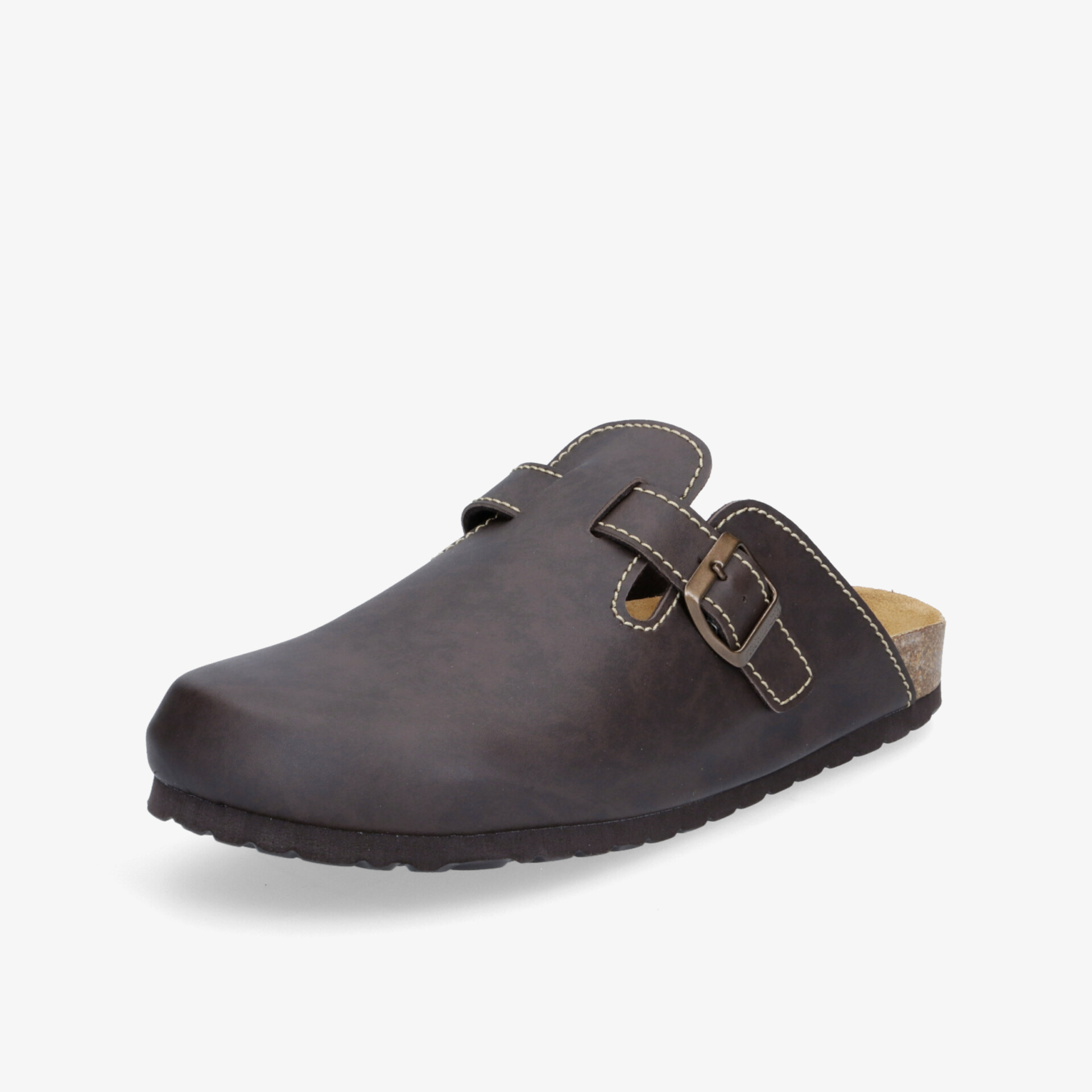 Bequemer brauner Lederclog mit verstellbarem Riemen und ergonomischer Sohle für optimalen Tragekomfort.