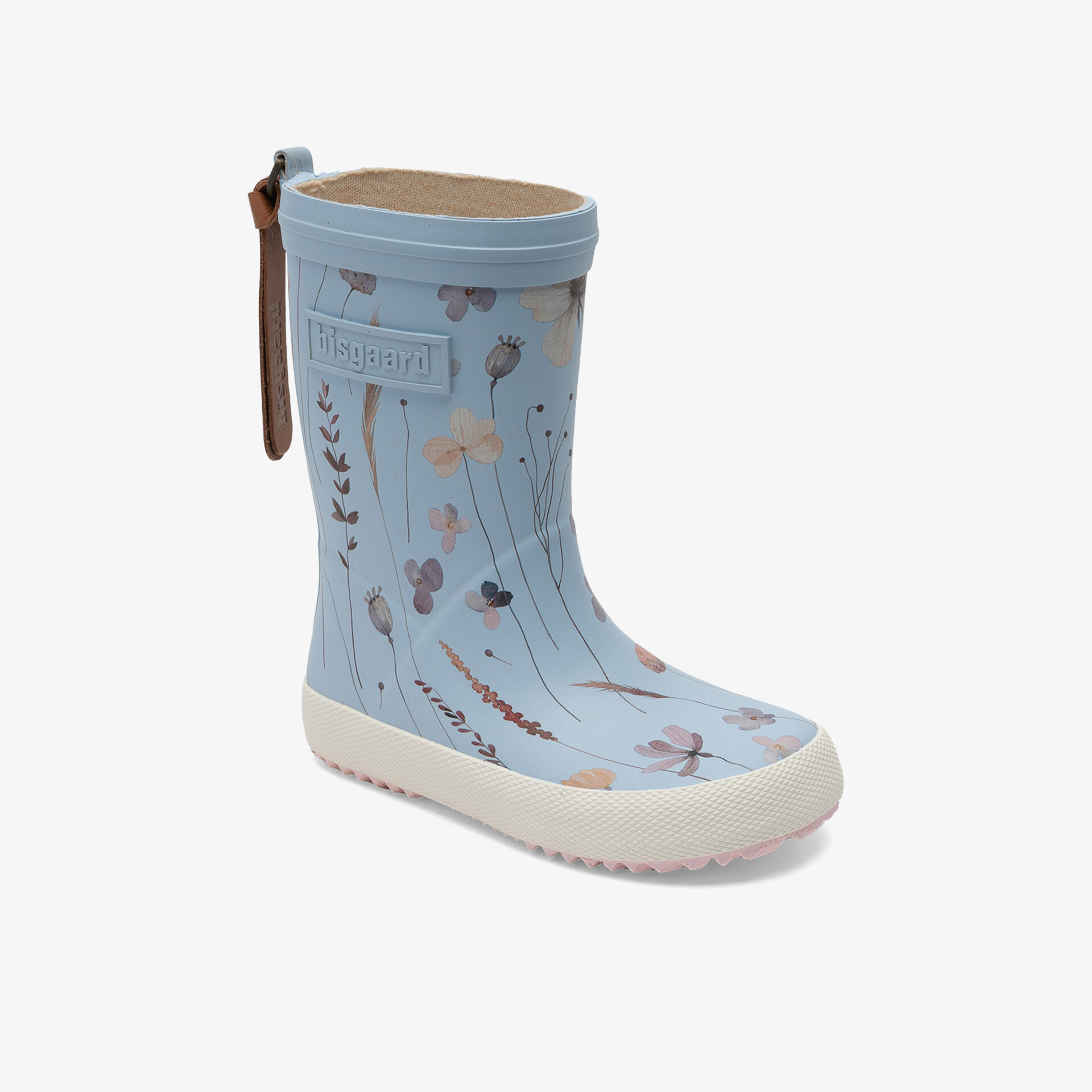 Blauer Kinder-Gummistiefel mit buntem Blumenmuster, wasserdicht und flexible rutschfeste Sohle