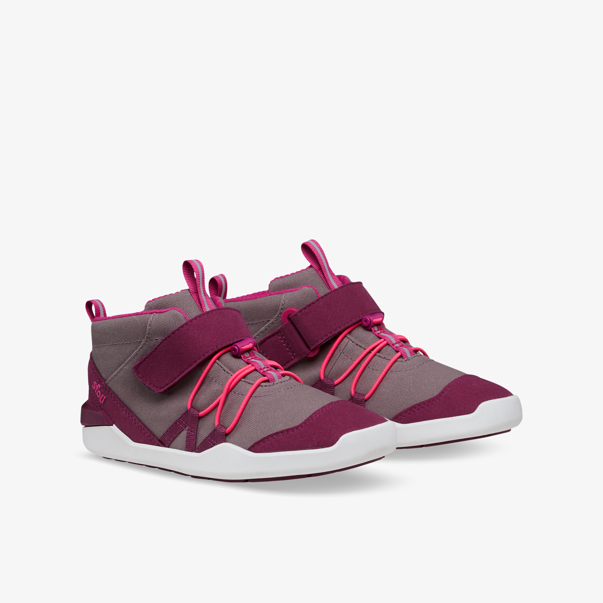 Stylische graue Sneaker mit pinken Details und praktischem Klettverschluss für optimalen Tragekomfort.