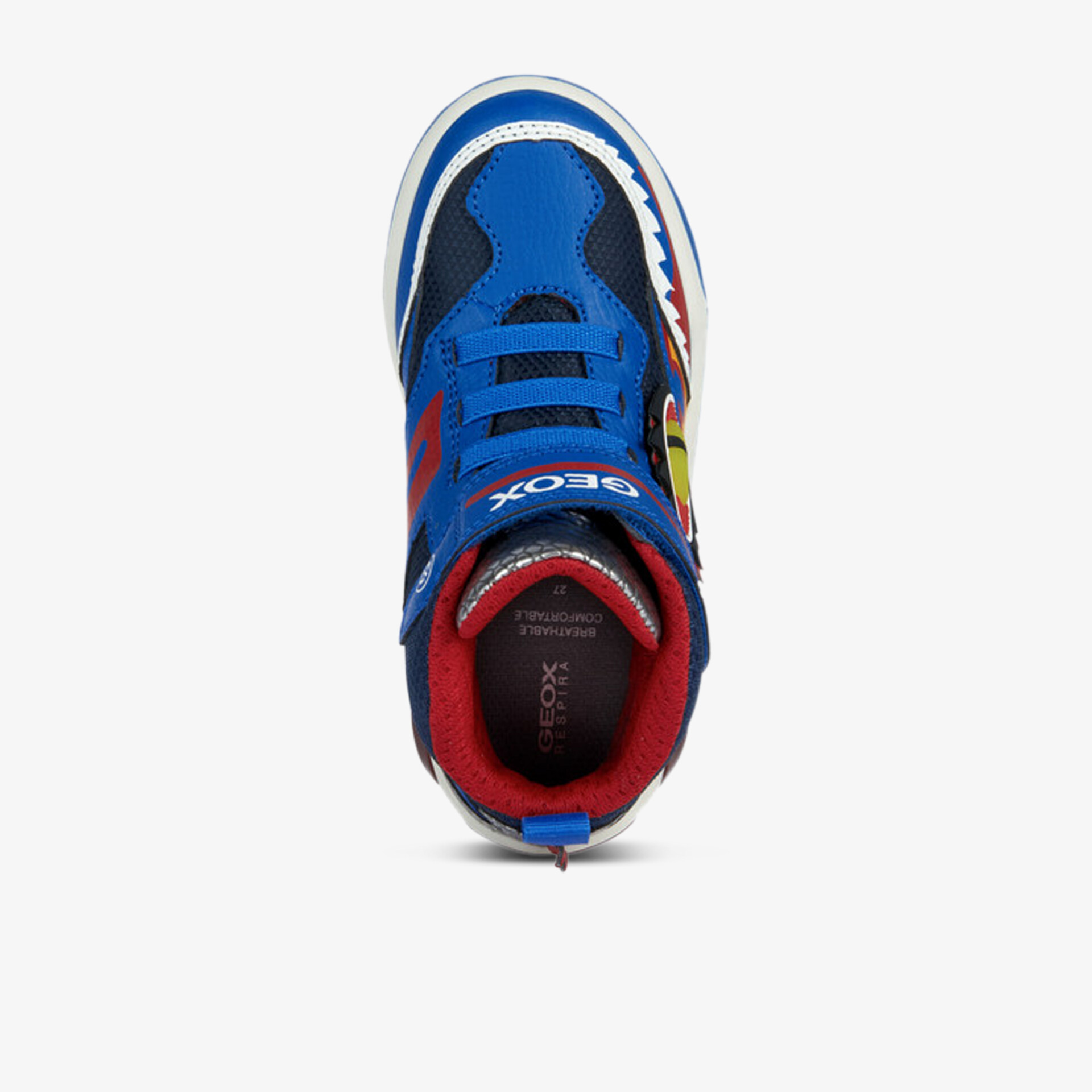 Moderner, blauer Sneaker mit auffälligem Design und optimalem Tragekomfort von oben betrachtet.