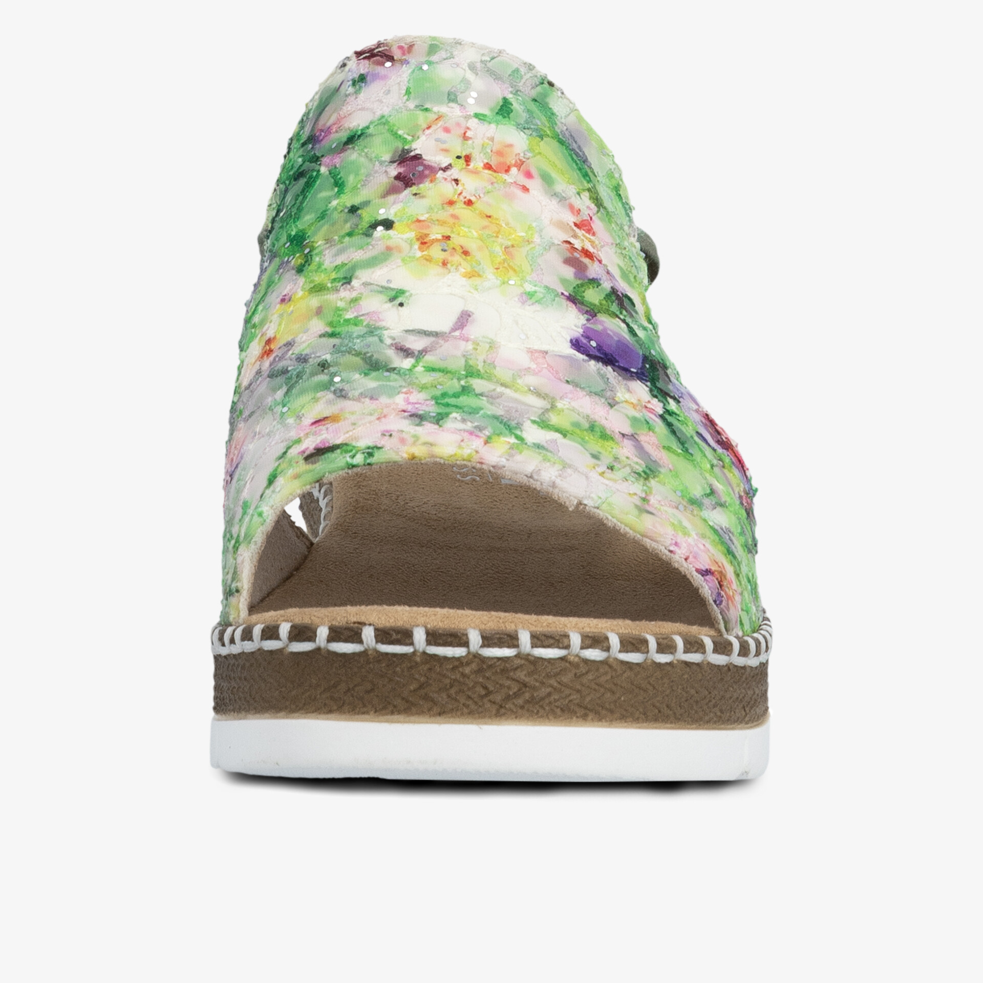 Leichte bunte Pantolette mit floralem Muster, offen und bequem, perfekt für sommerliche Tage