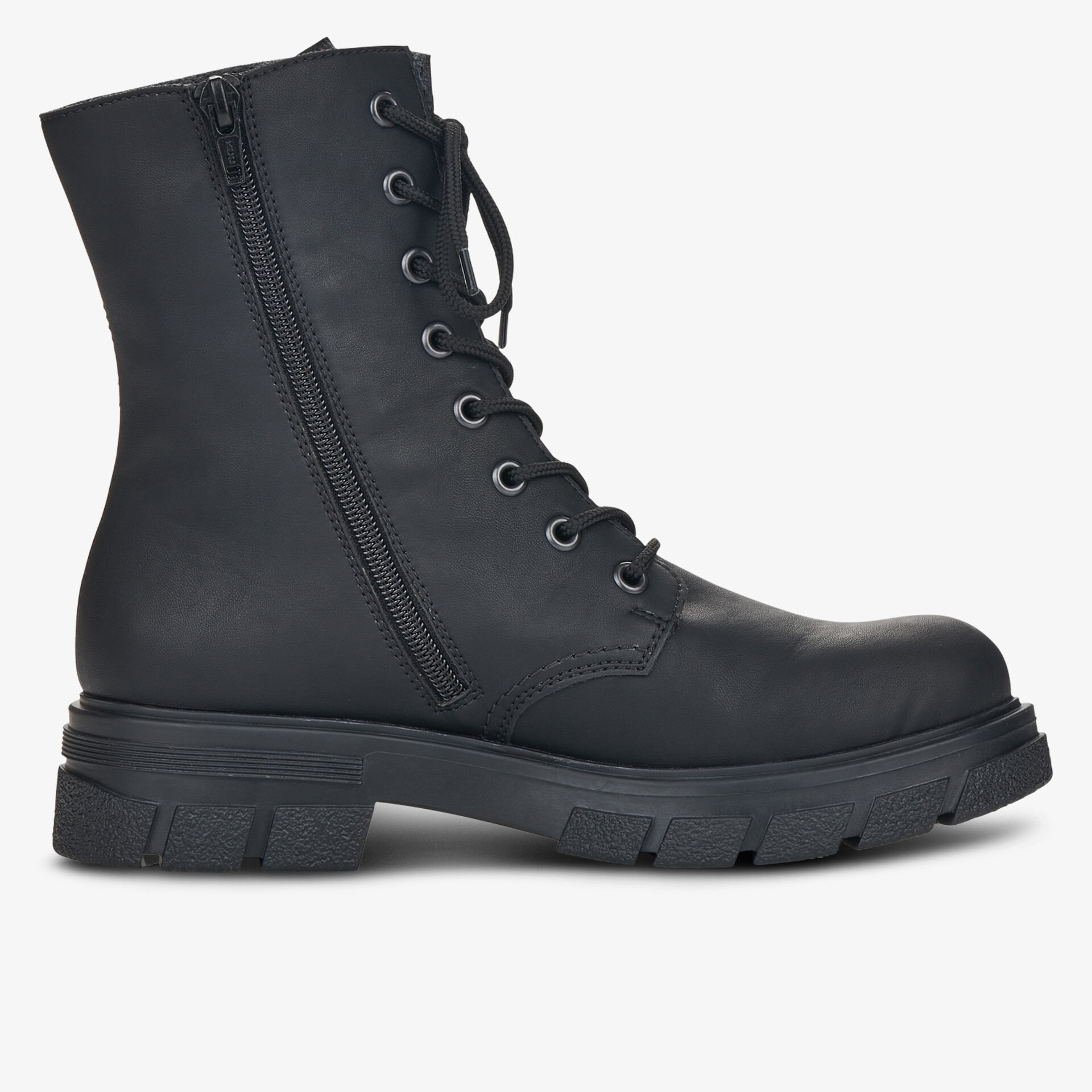 Robuster schwarzer Schnürstiefel mit seitlichem Reißverschluss und griffiger Sohle