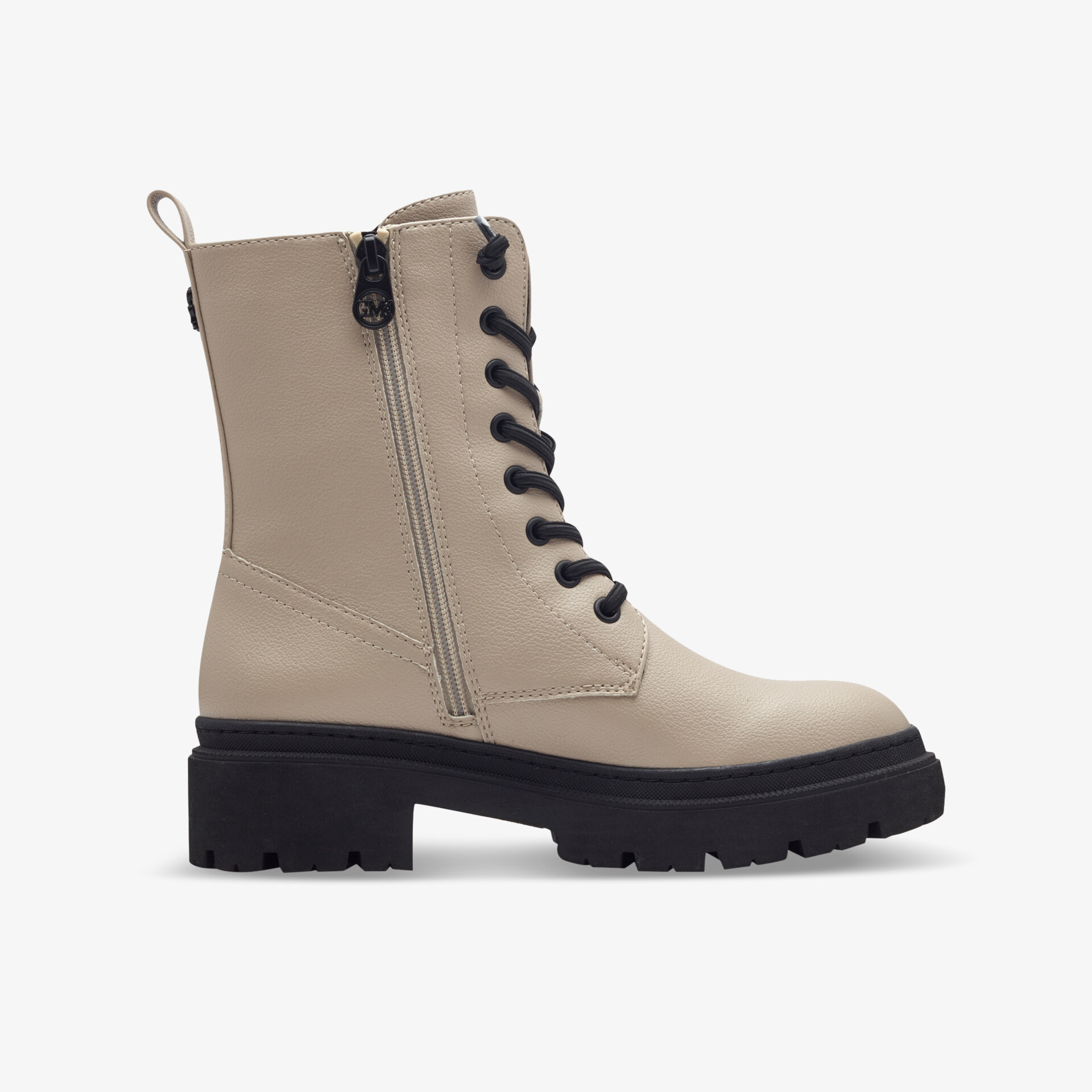 Seitliche Ansicht eines bequemen robusten Stiefels mit Schnürung und praktischem Reißverschluss