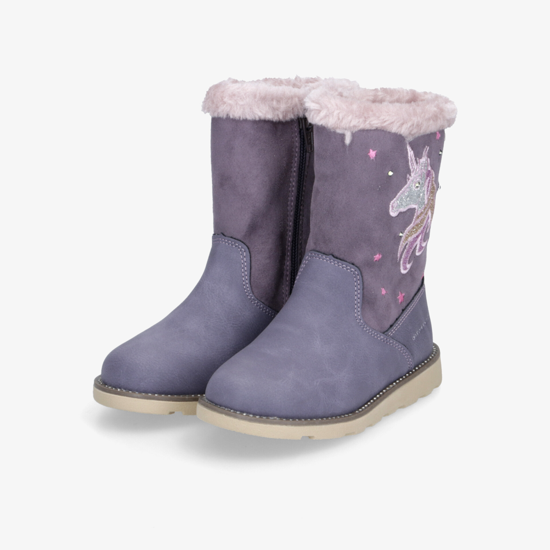 Warmer lila Winterstiefel mit kuscheligem Fell und auffälligem Einhorn-Motiv für optimalen Komfort und Schutz