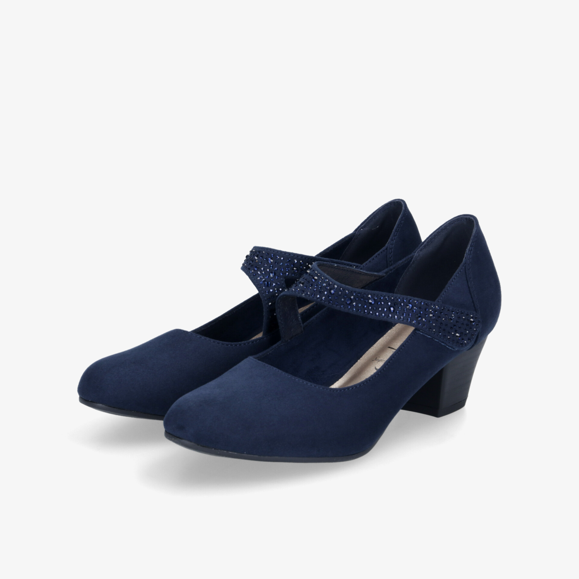 Eleganter dunkelblauer Riemchenschuh mit Blockabsatz und Veloursleder-Oberfläche, ideal für zahlreiche Anlässe.