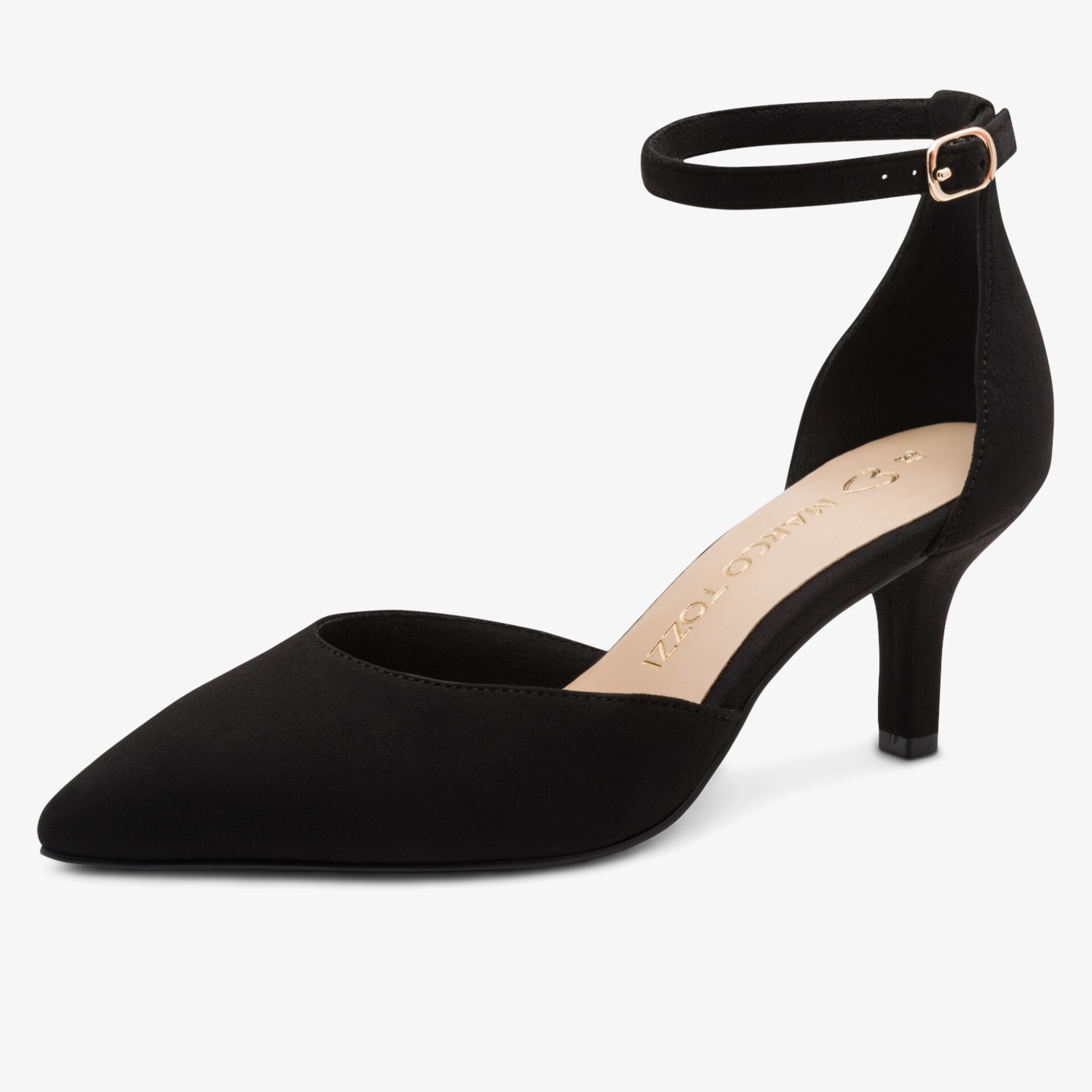 Eleganter schwarzer Pumps mit spitz zulaufender Zehenpartie und verstellbarem Knöchelriemen