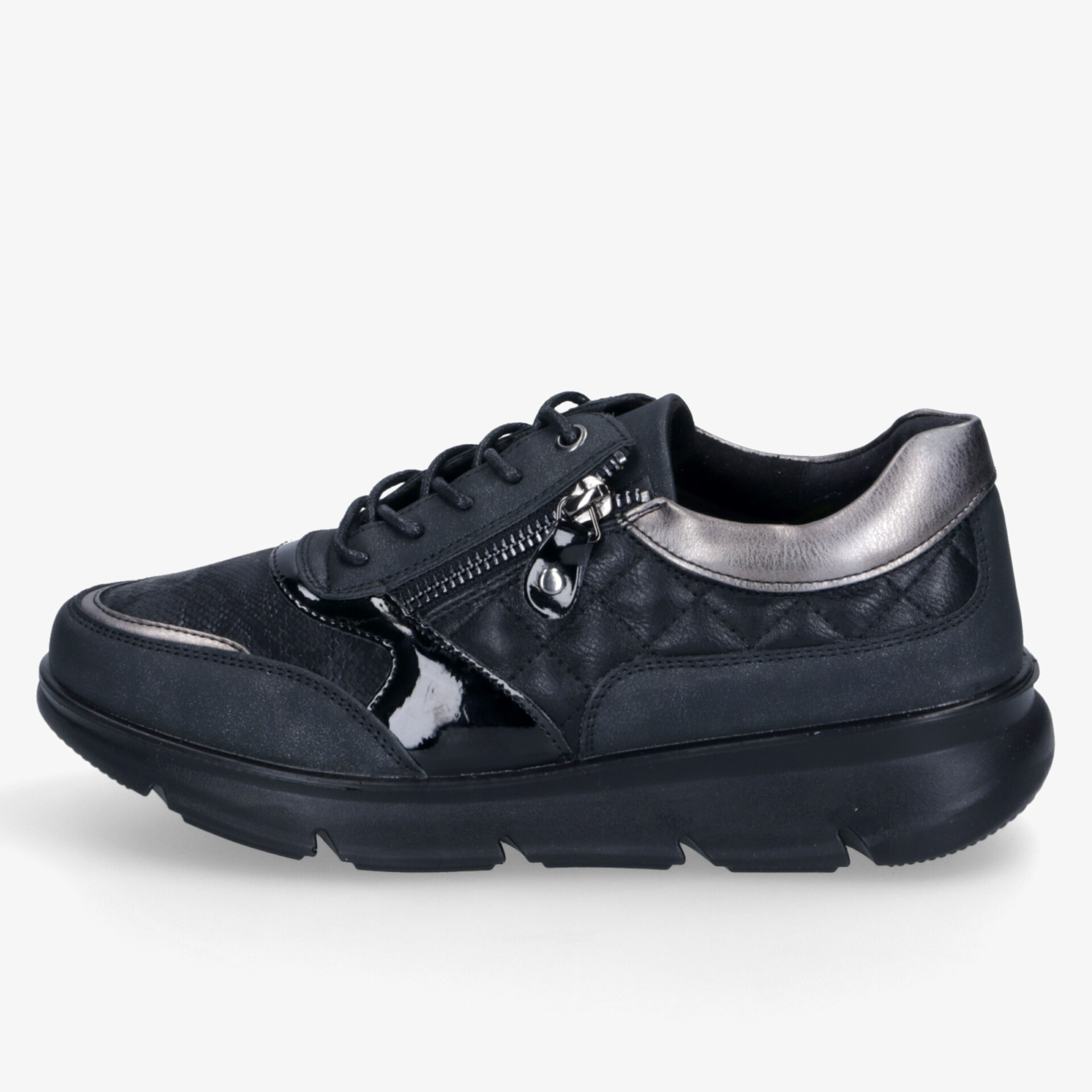 Schwarzer Sneaker mit Reißverschluss und gepolstertem Kragen für hohen Tragekomfort und sportlichen Stil