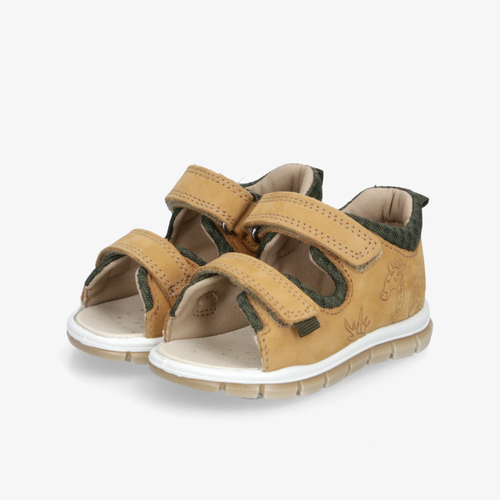 Bequeme beige Kinder-Sandalen mit verstellbaren Klettverschlüssen und rutschfester Sohle, ideal für aktiven Komfort