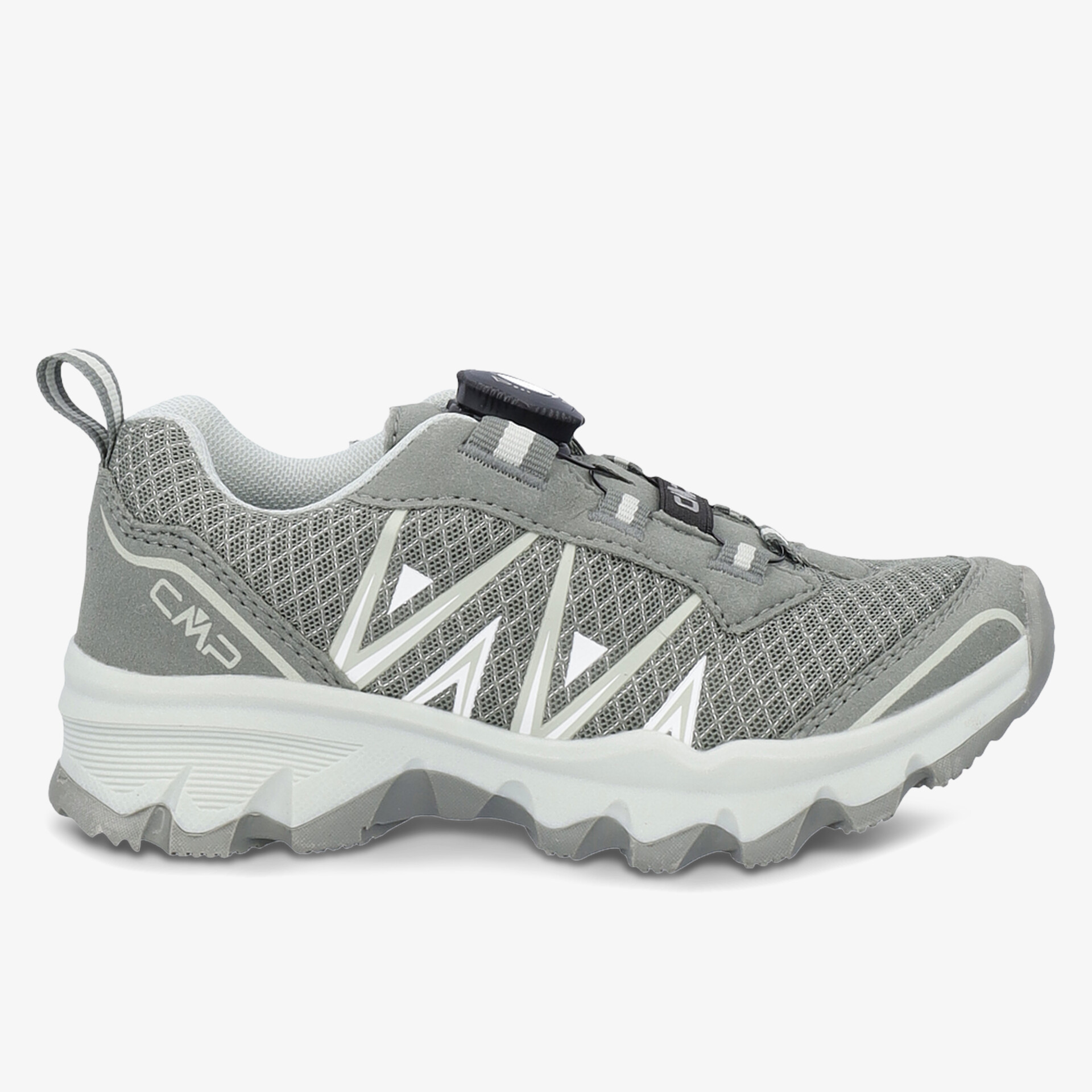 Grauer Wanderschuh mit rutschfester Sohle und atmungsaktivem Obermaterial für optimalen Komfort.