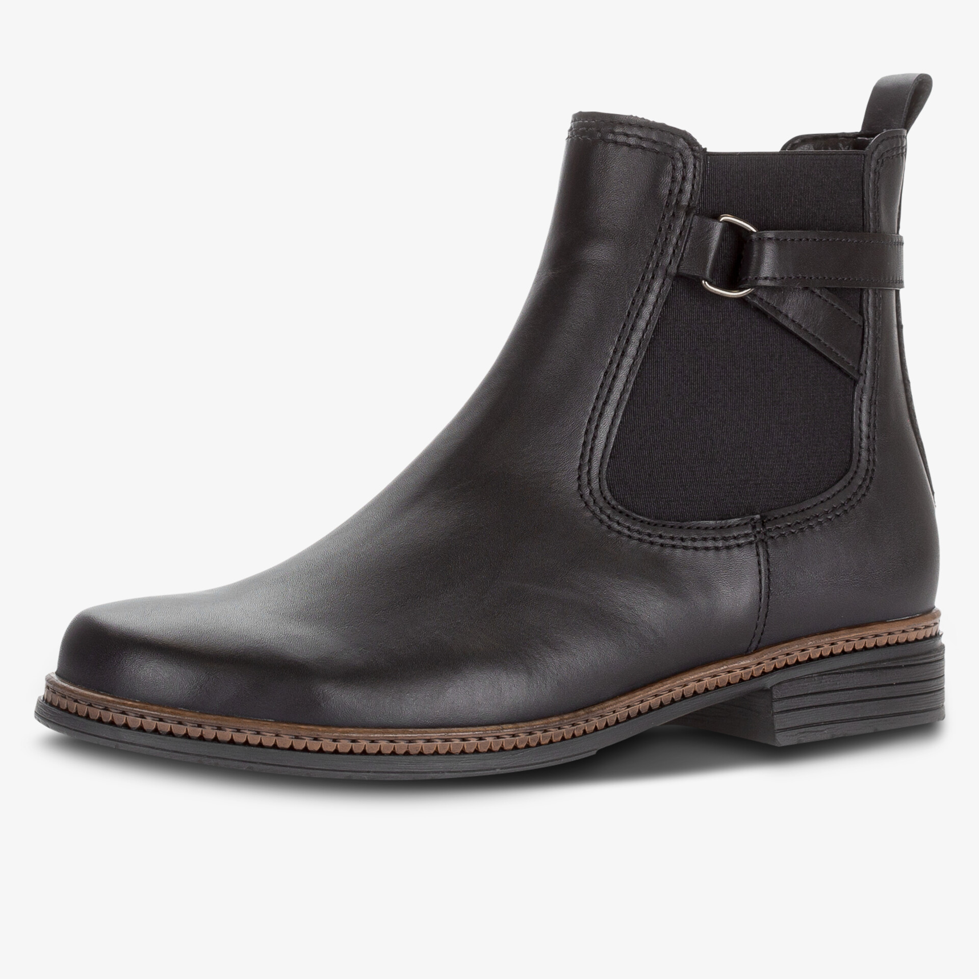 Eleganter schwarzer Stiefel aus glattem Leder mit elastischen Einsätzen und robustem Absatz für vielseitigen Stil