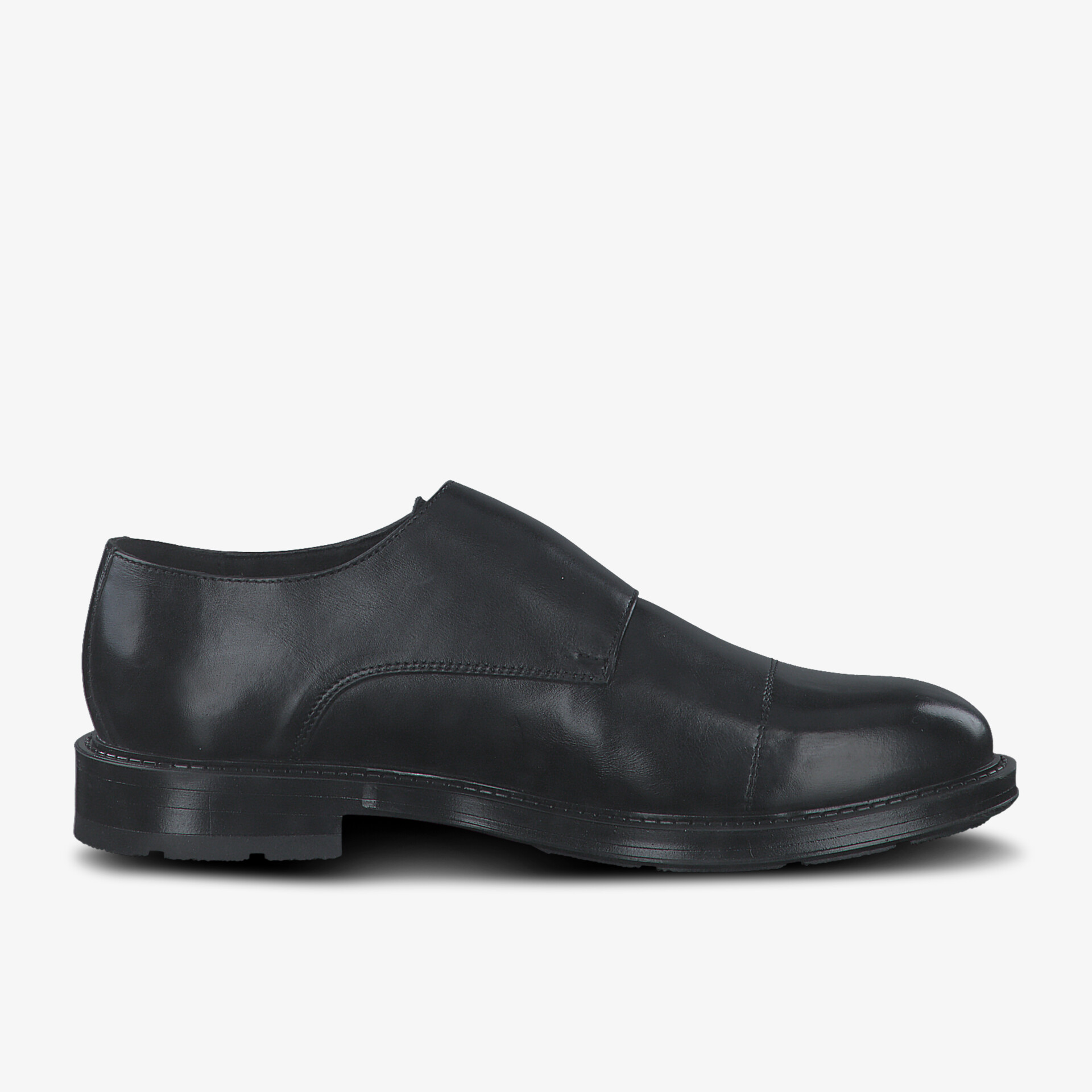Eleganter schwarzer Lederschuh mit klassischem Design und robuster Sohle für formelle Anlässe.