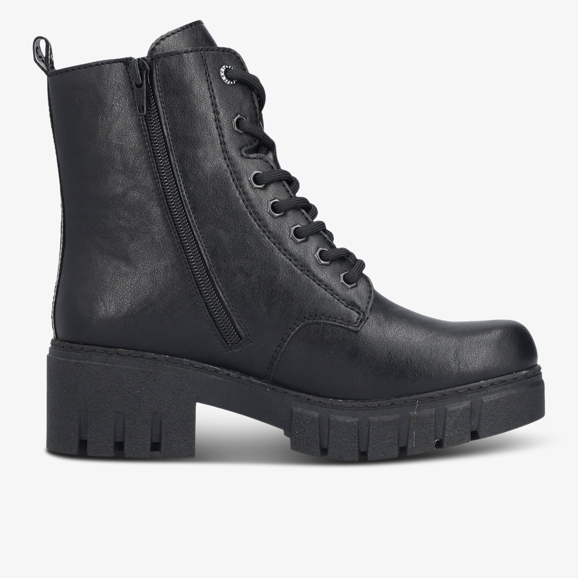 Schwarzer robuster Schnürstiefel aus Leder mit seitlichem Reißverschluss und dickem Profilabsatz für sicheren Halt