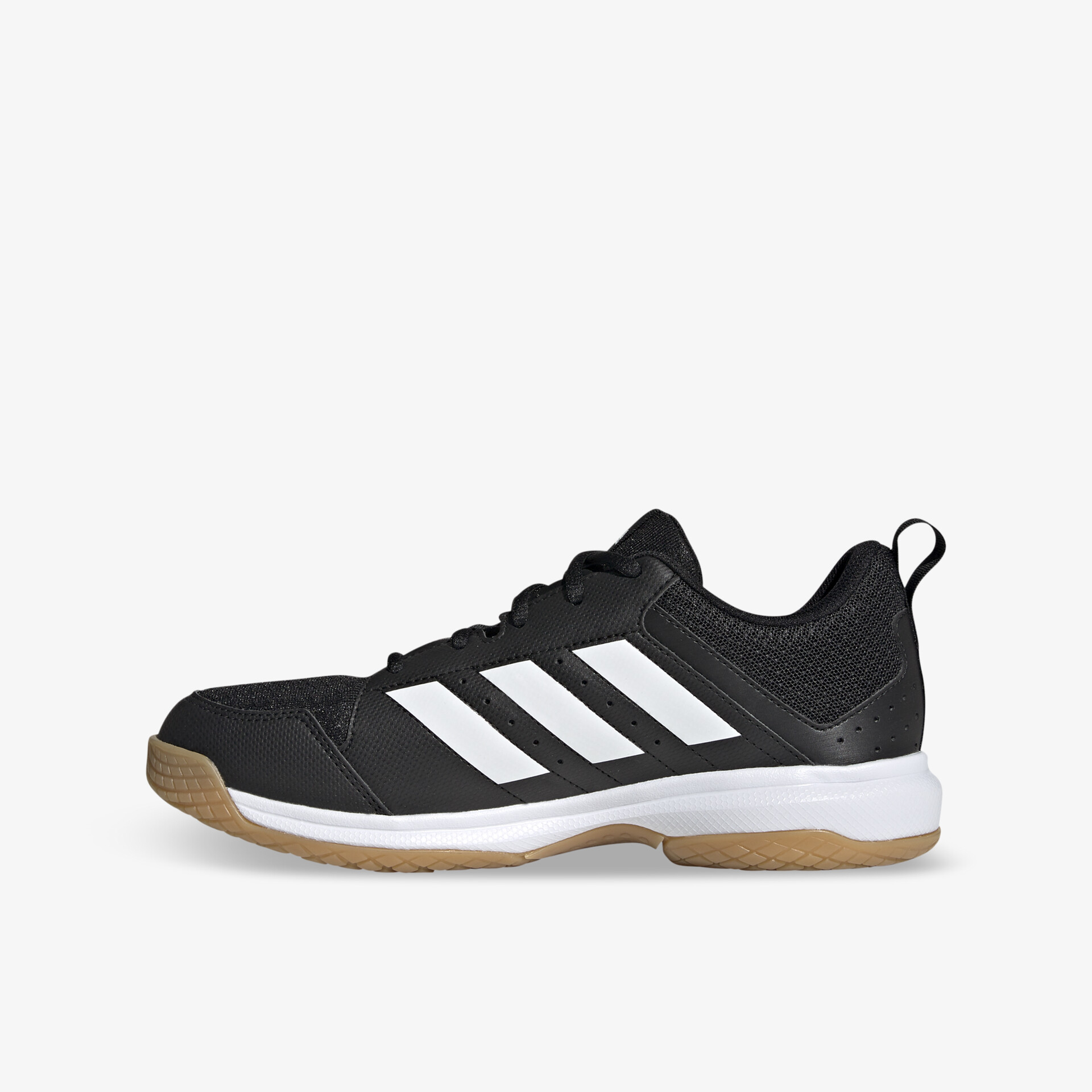 Schwarzer Sportschuh mit weißen Streifen, ideal für Training und Alltag, mit rutschfester Sohle.