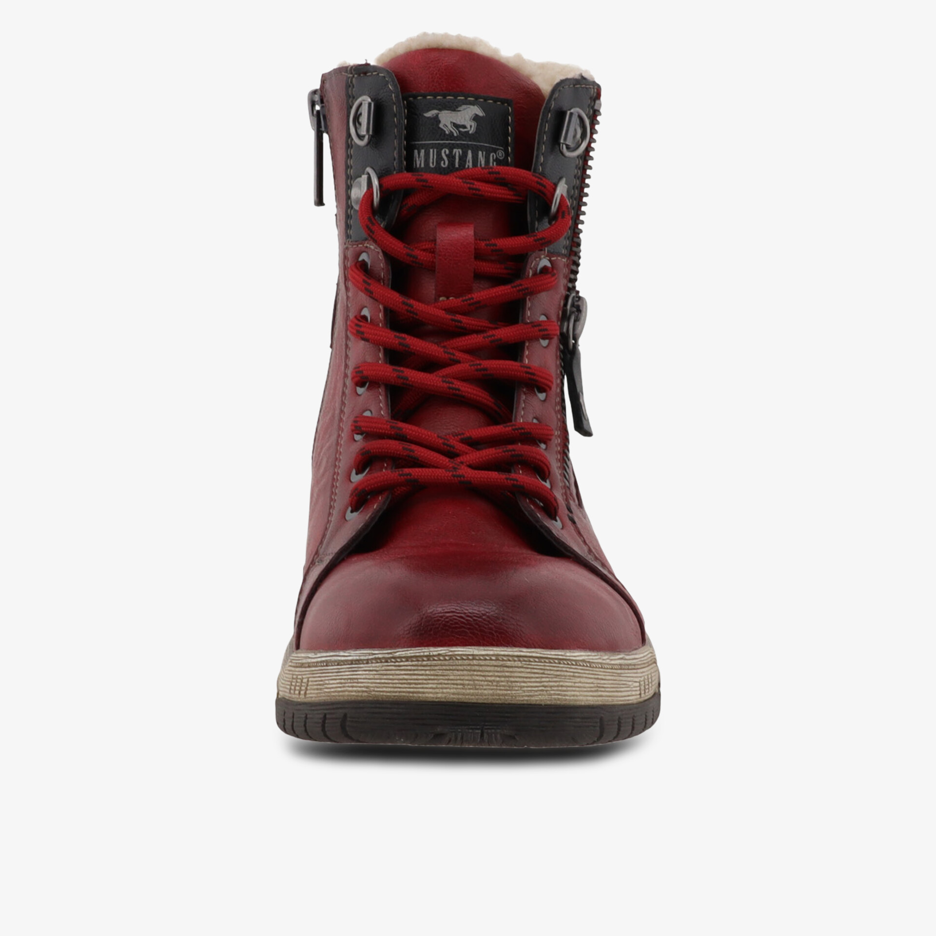 Rote Stiefelette mit Schnürung und seitlichem Reißverschluss, robuster Sohlenrand, frontale Ansicht