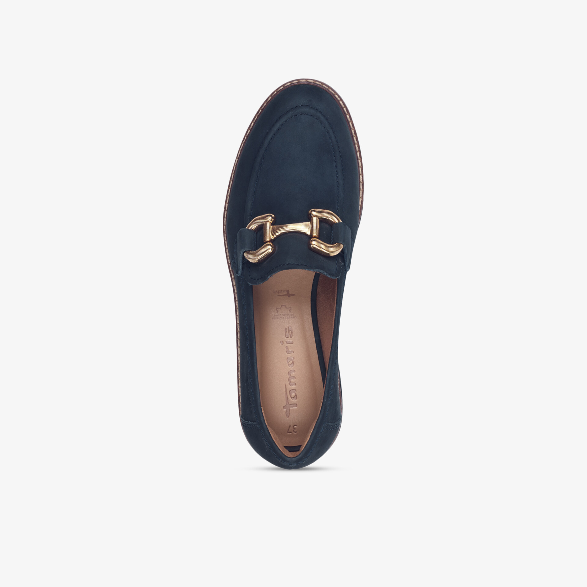 Navy blauer Loafer mit glänzender Metallapplikation, komfortabel und elegant, hochwertige Verarbeitung