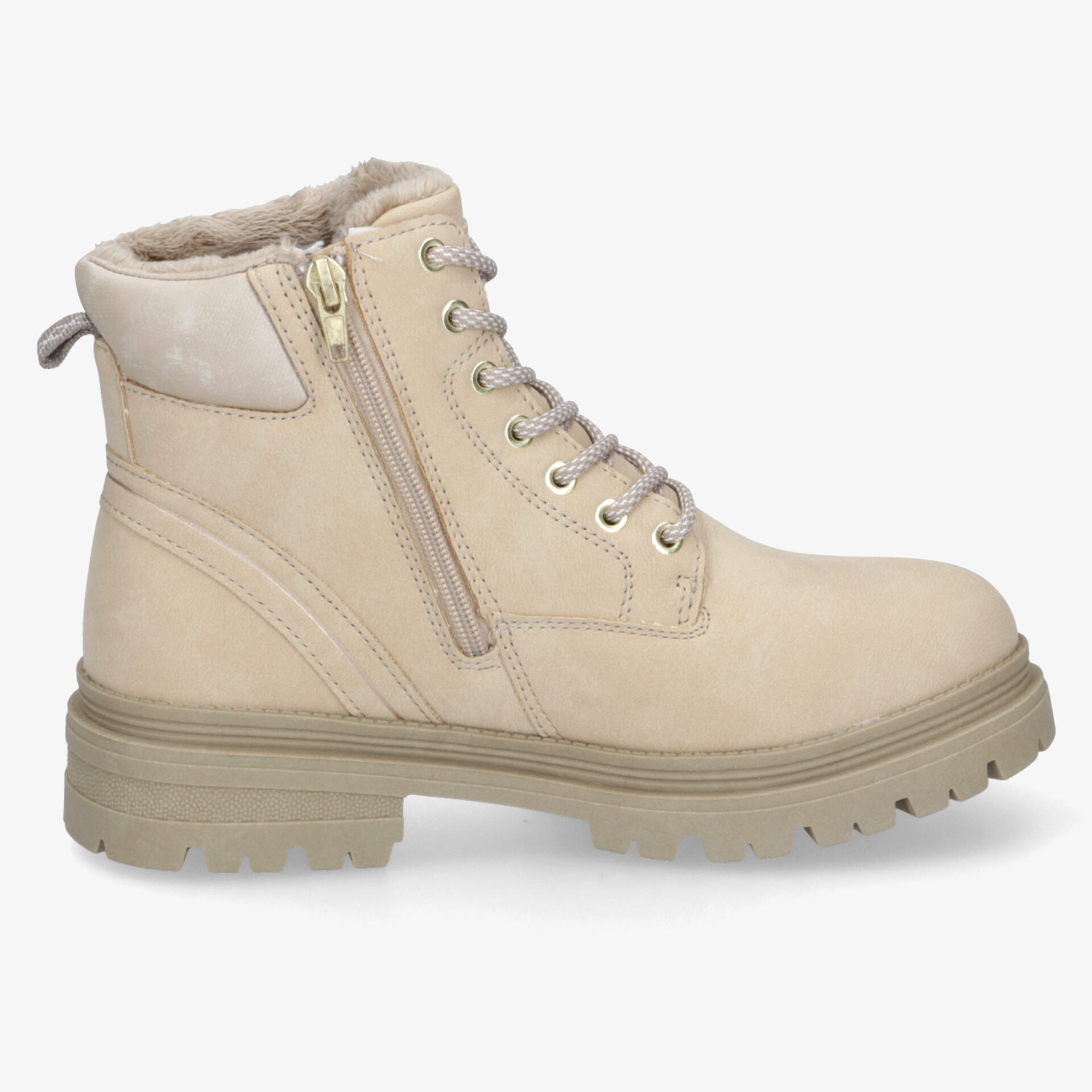 Beiger robuster Winterstiefel mit warmem Innenfutter, praktischer Reißverschluss und rutschfester Sohle, seitliche Ansicht