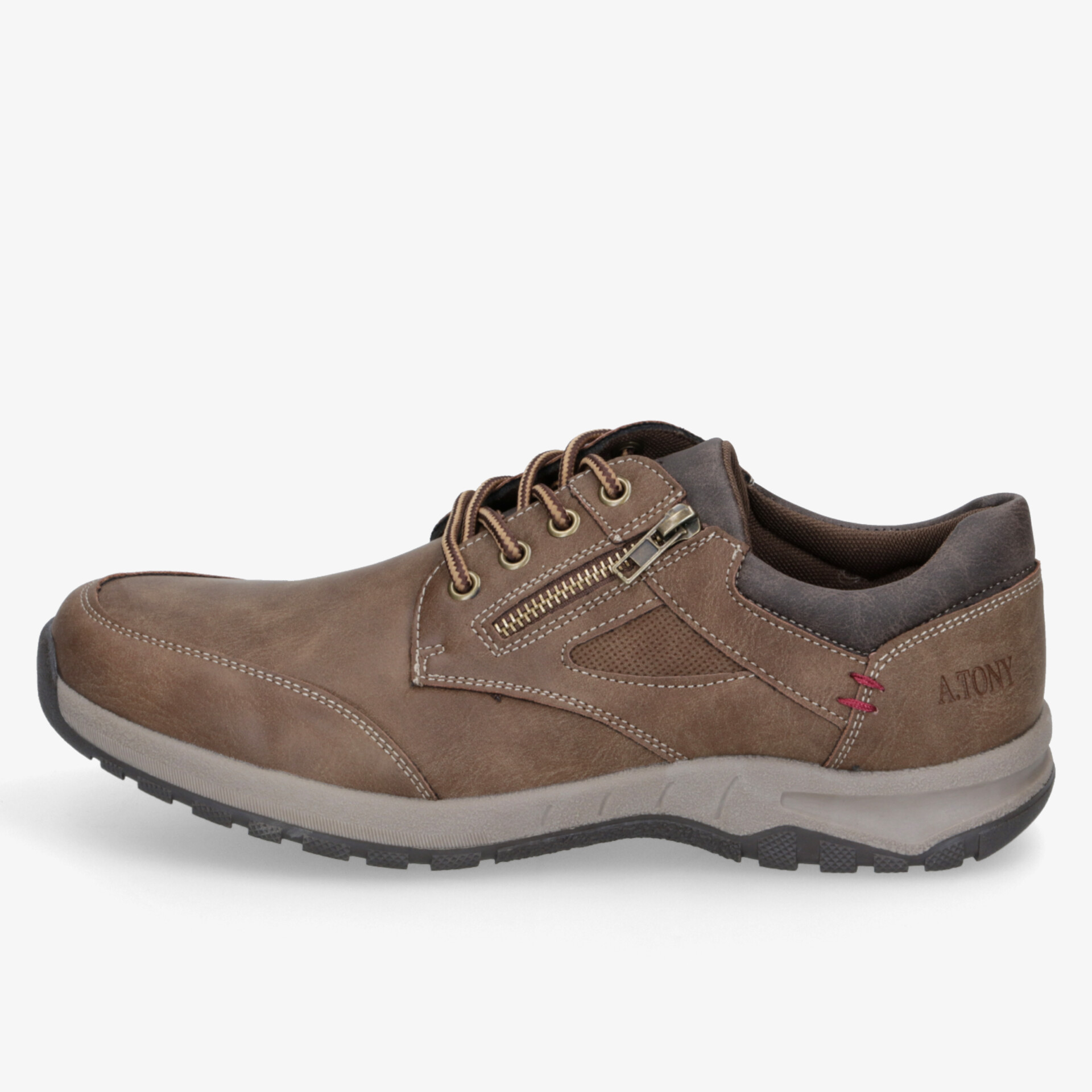 Seitlich abgebildeter brauner Schuh mit rutschfester Sohle und seitlichem Reißverschluss, bequem und robust