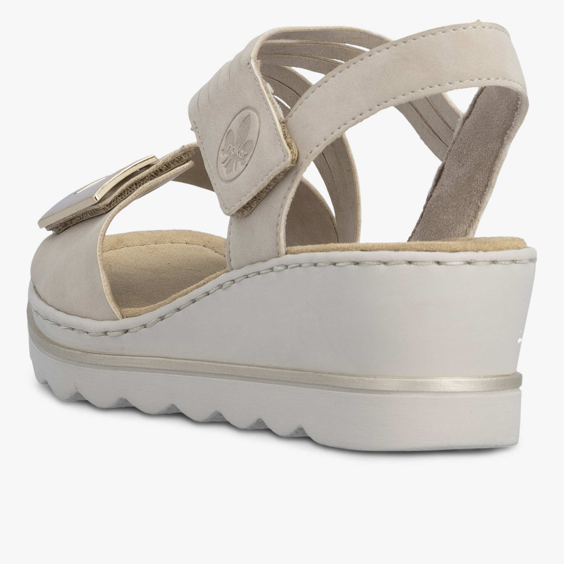 Bequeme Sandale mit elastischen Riemen und gepolsterter Sohle auf praktischem Keilabsatz, seitliche Ansicht