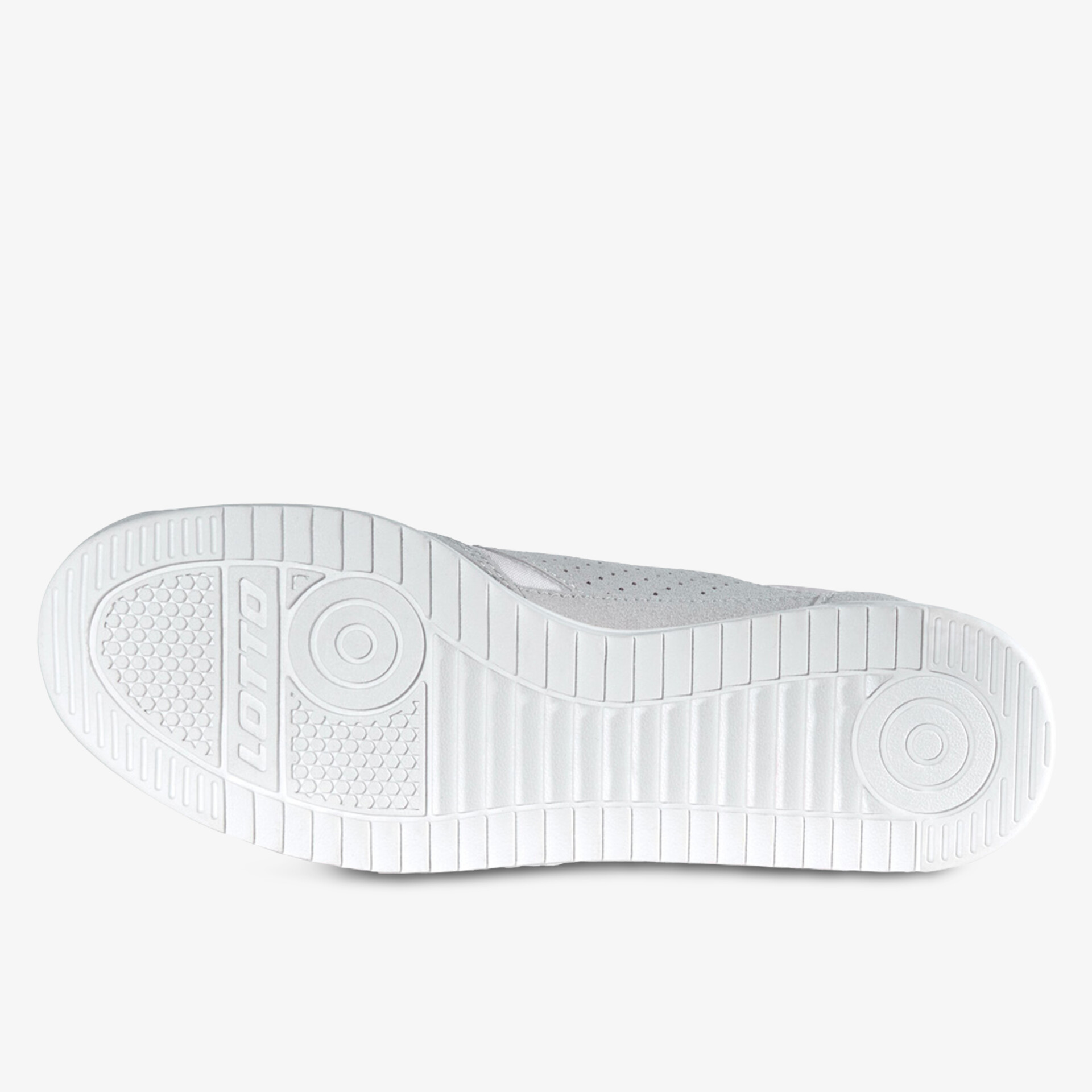 Weiße Schuhsohle mit rutschfestem Profil und kreisförmigen Akzenten, robust gefertigt.