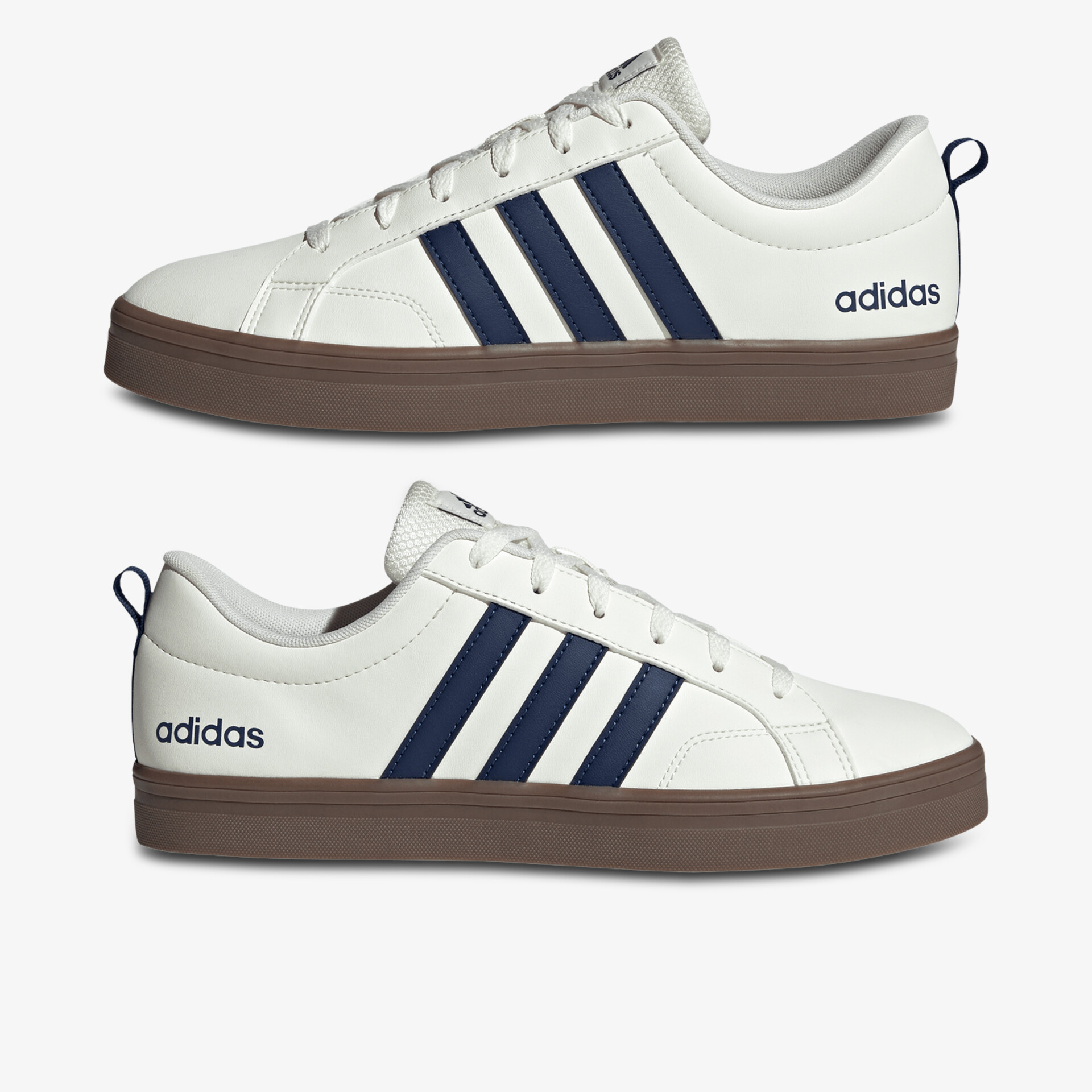 Weiße adidas Sneaker mit blauen Streifen und brauner Sohle, sportlich und bequem im klassischen Design