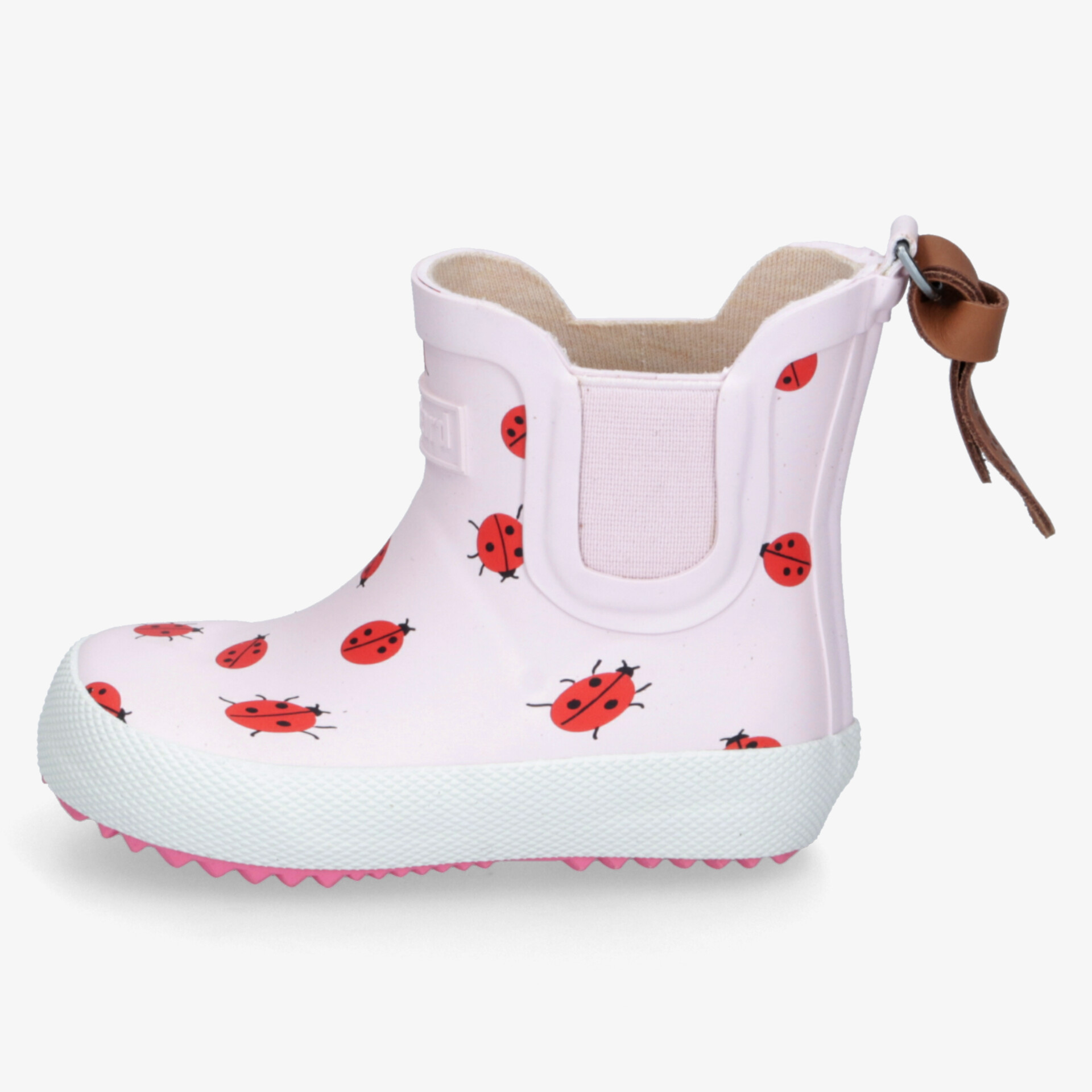 Wasserdichter Gummistiefel mit rutschfester Sohle und Marienkäfer-Motiv, leichter Einstieg dank Schlaufe
