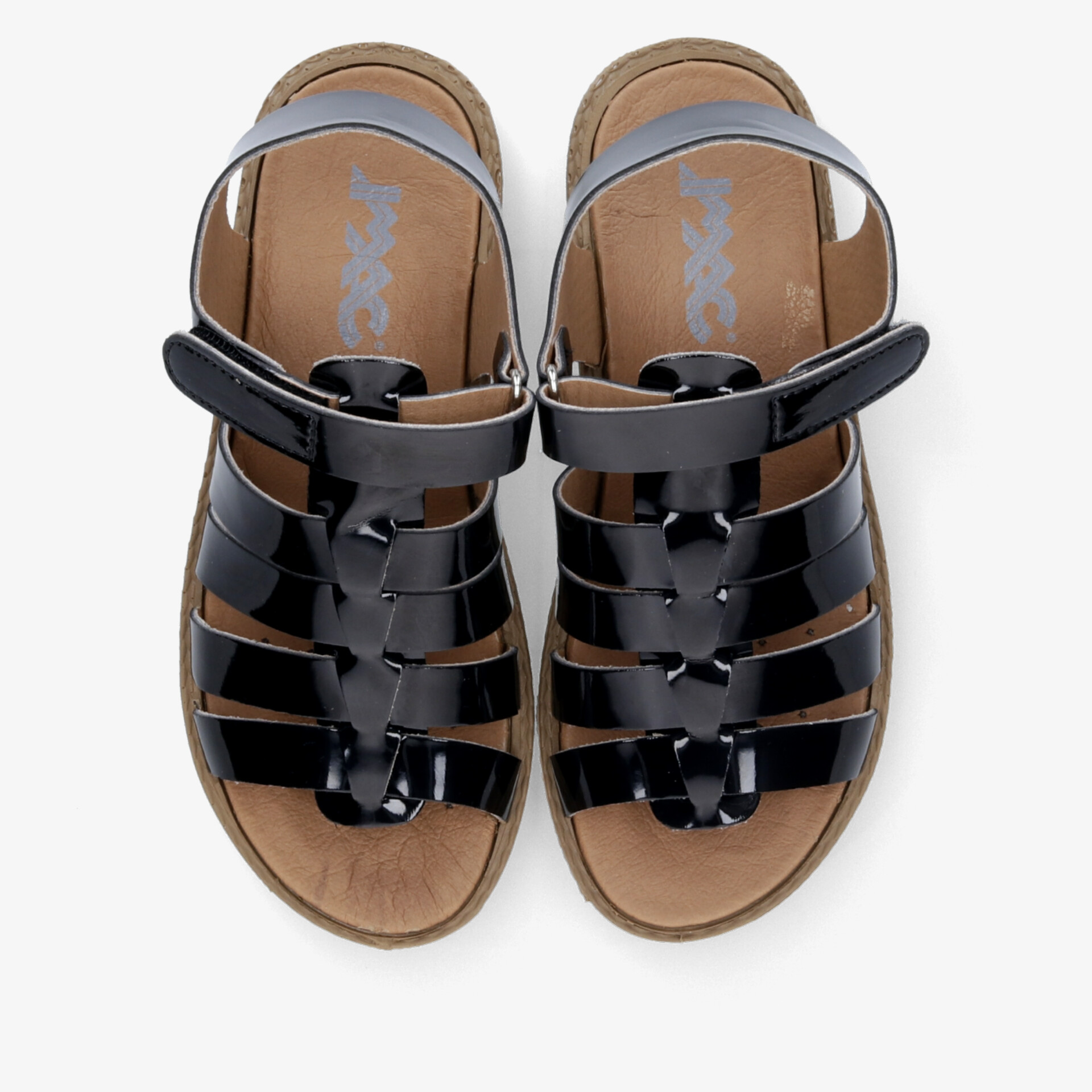 Leichte schwarze Riemchensandalen mit verstellbarem Klettverschluss, robust und modisch im Paar in Draufsicht