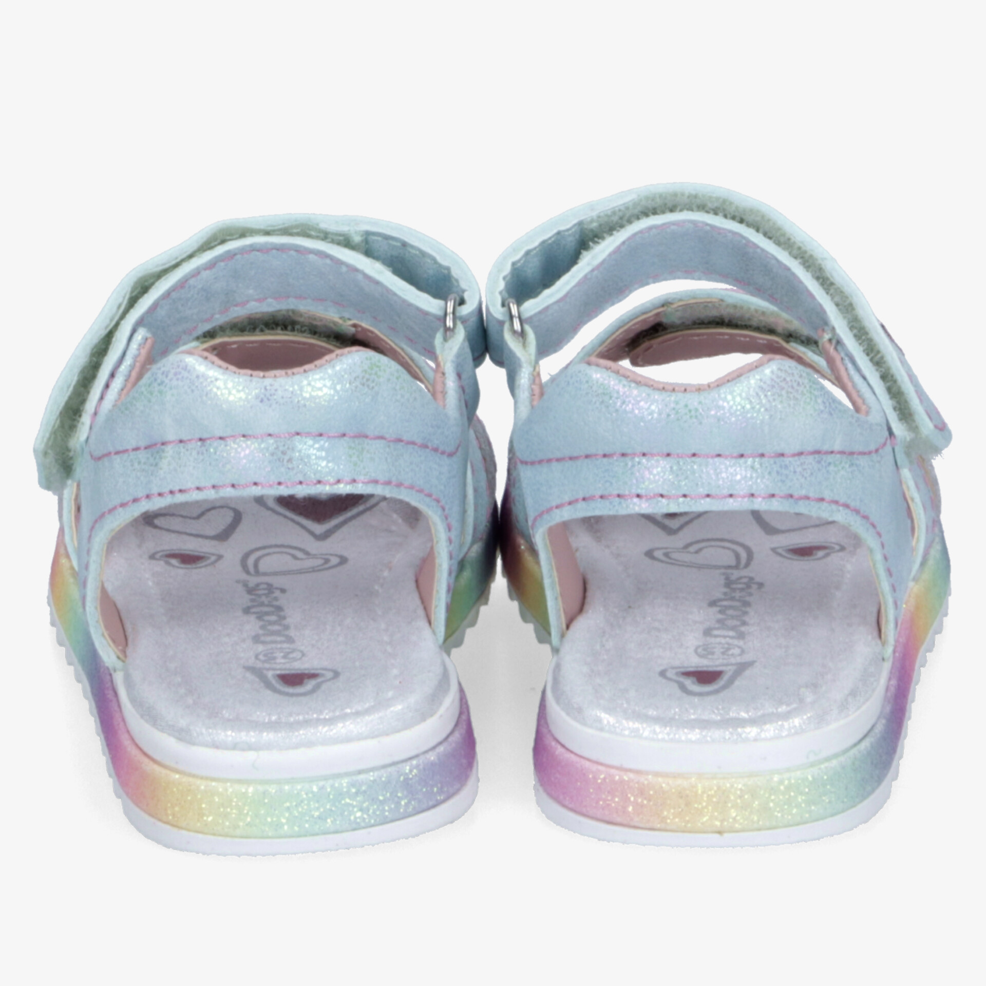 Rückansicht von bunten Sandalen mit verstellbarem Klettverschluss und gepolsterter Innensohle für hohen Tragekomfort