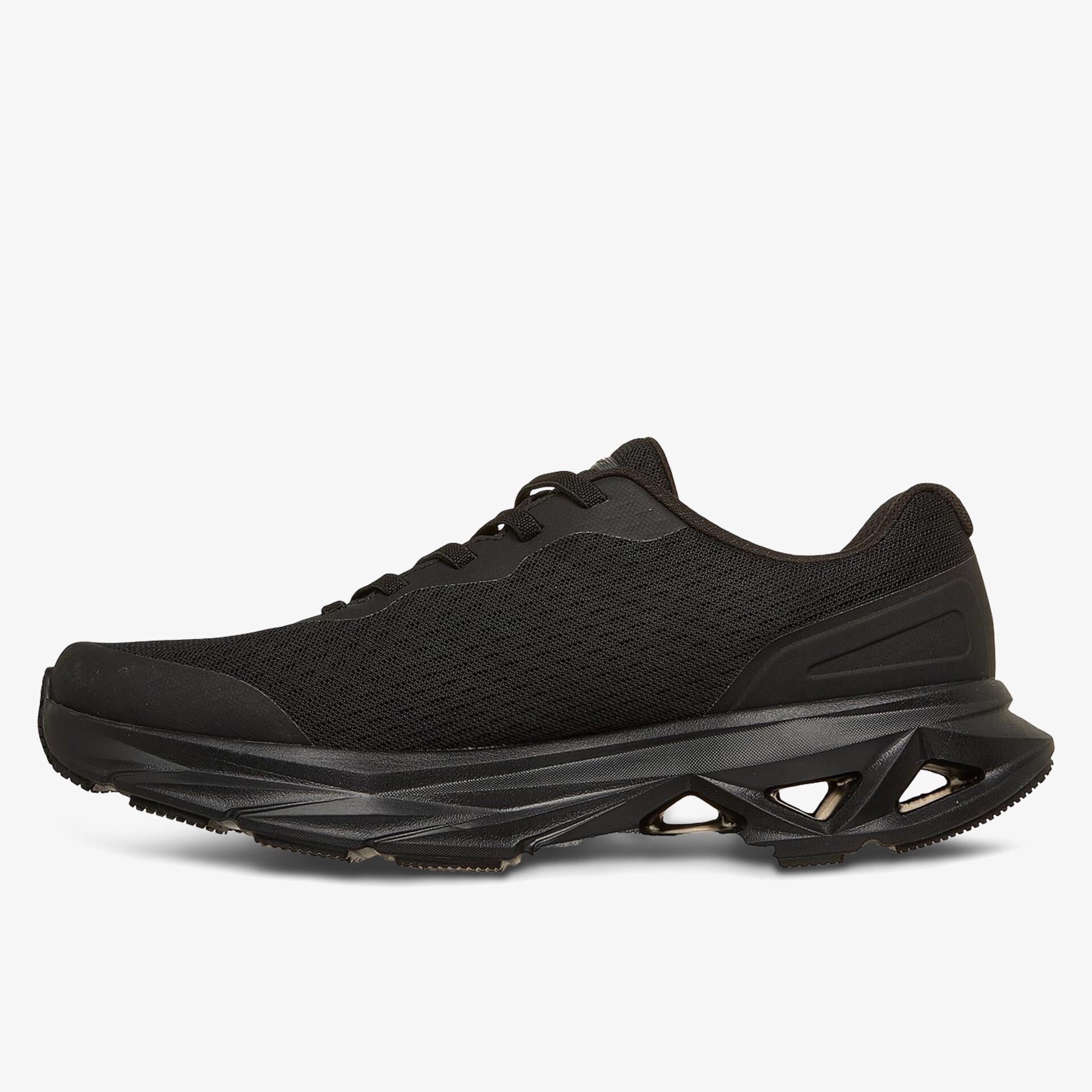 Moderner schwarzer Sneaker mit atmungsaktivem Material und innovativer Sohle.
