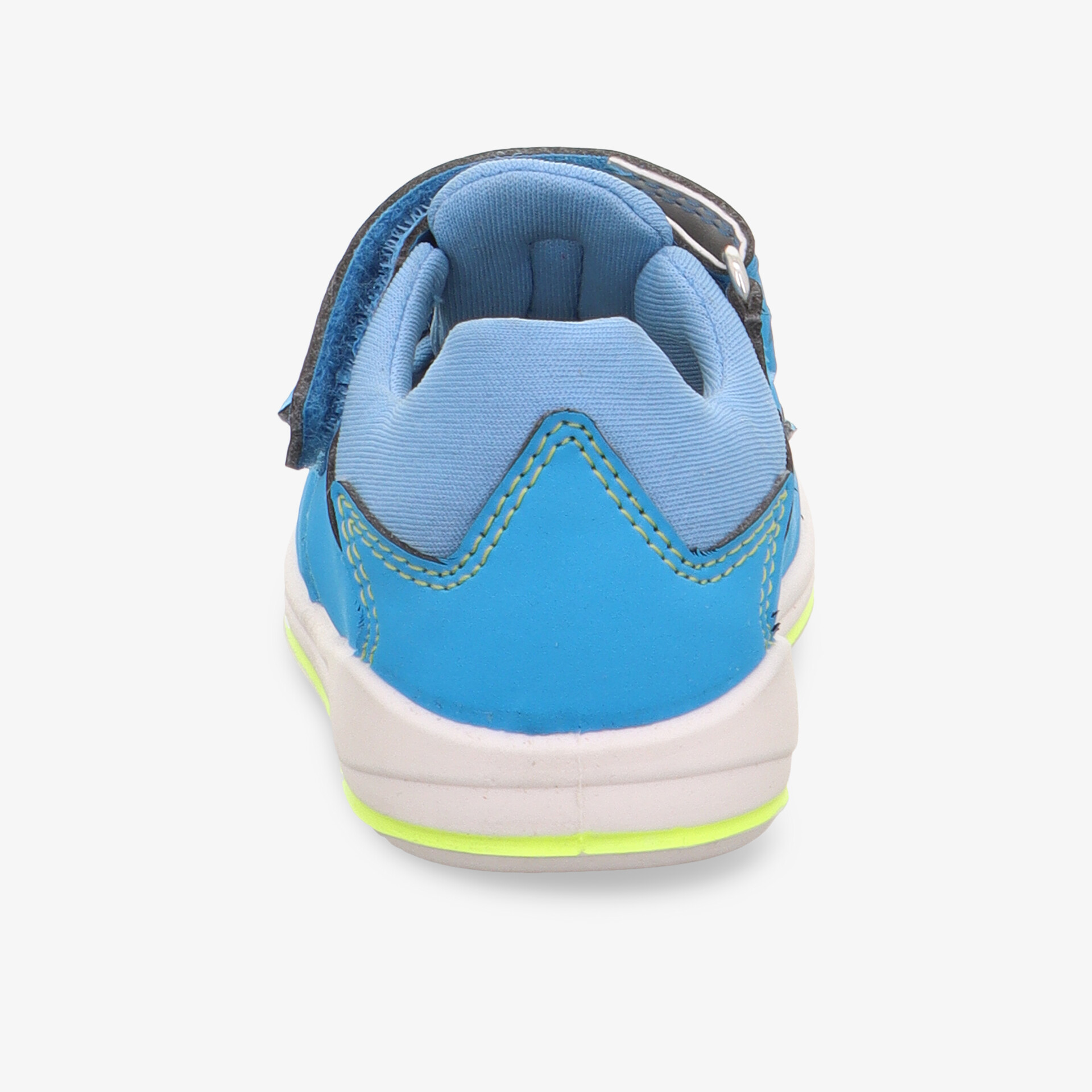 Rückansicht eines bequemen blauen Schuhs mit gepolstertem Schaft und rutschfester Sohle