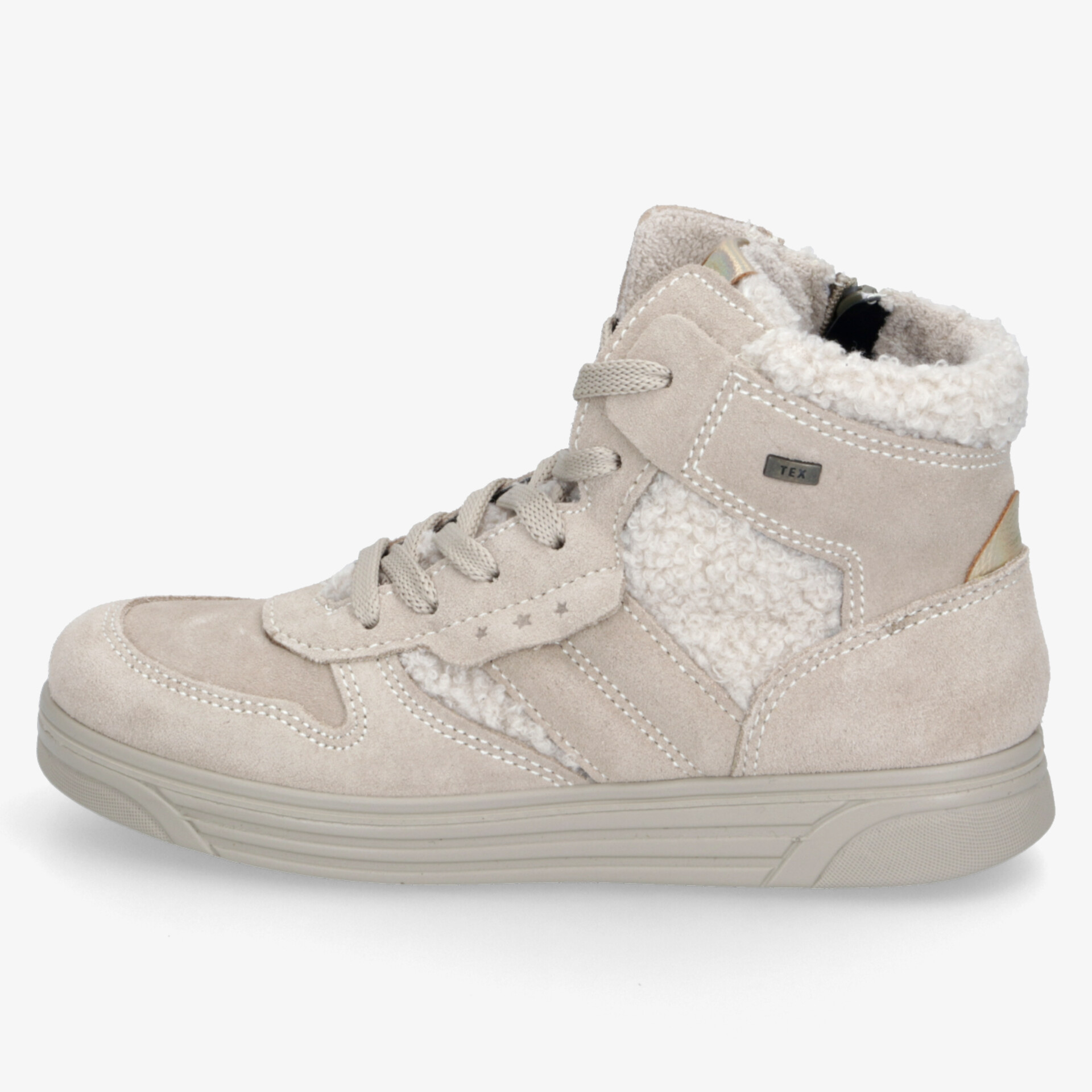 Modischer hellgrauer Lederstiefel mit warmem Innenfutter und erhöhter Sohle für maximalen Komfort.