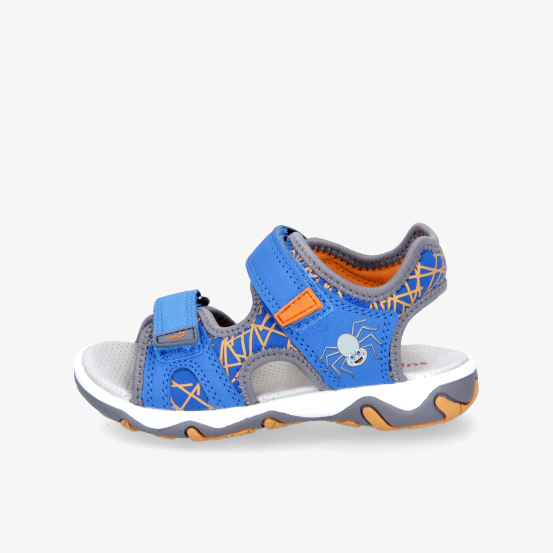 Sportliche blaue Sandale mit orangefarbenen Akzenten, verstellbaren Riemen und rutschfester Profilsohle