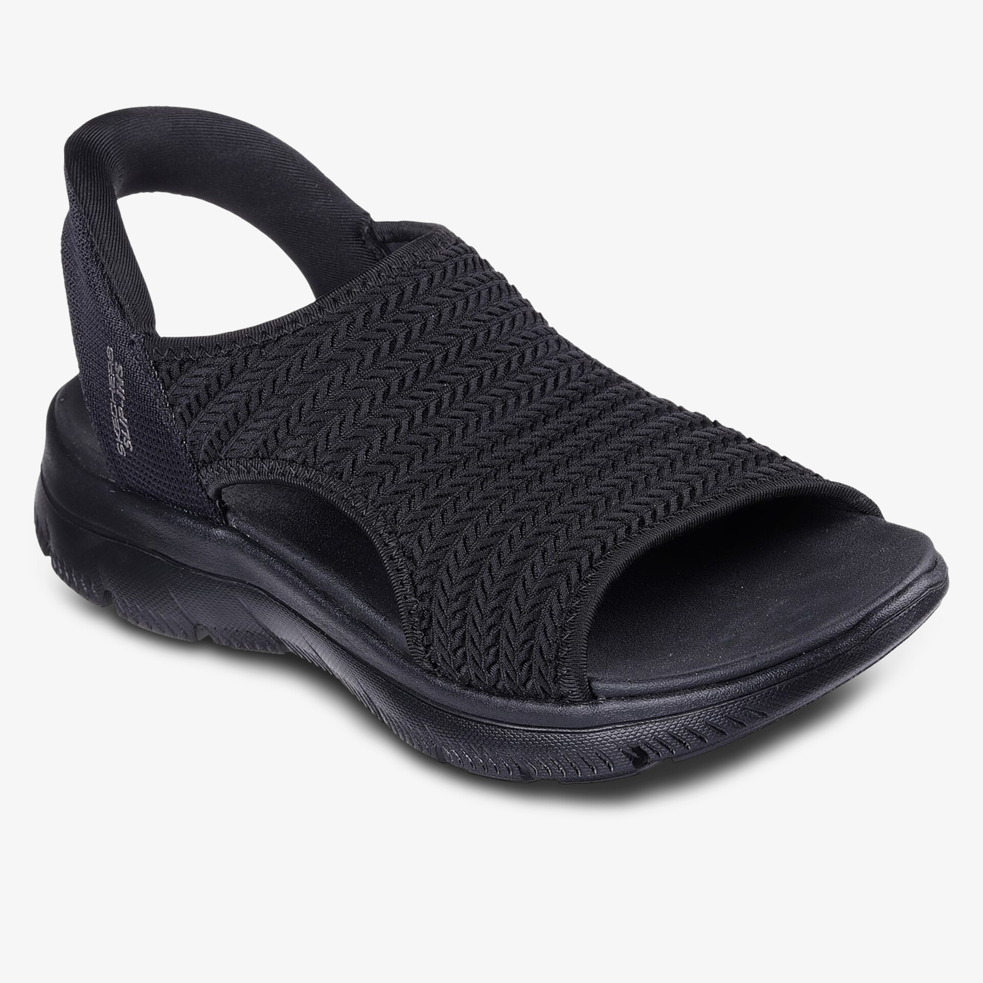 Bequeme schwarze Sandale mit flexiblem Mesh-Obermaterial und gepolsterter Sohle.