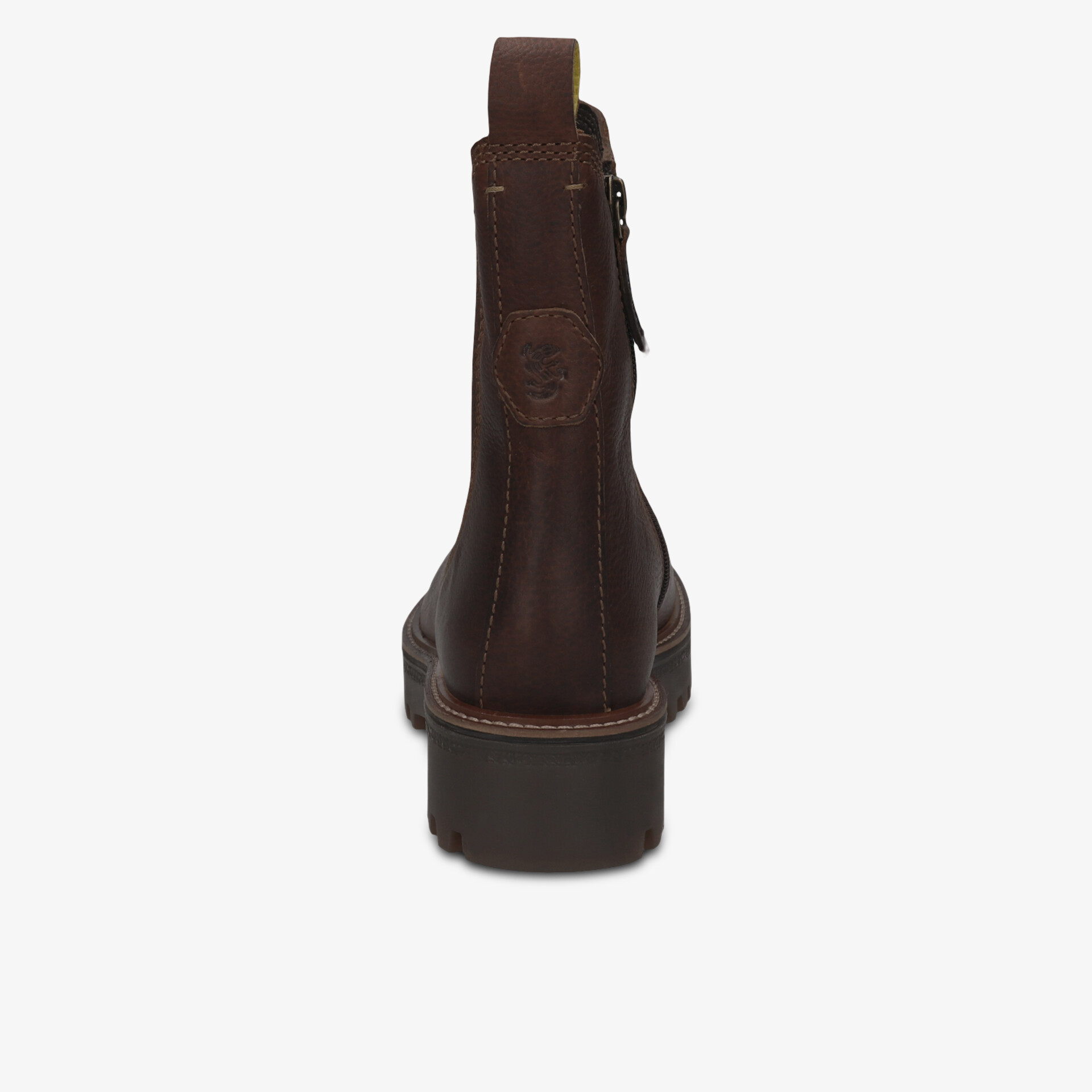 Robuster brauner Lederstiefel mit praktischem Reißverschluss und rutschfester Sohle, Rückansicht