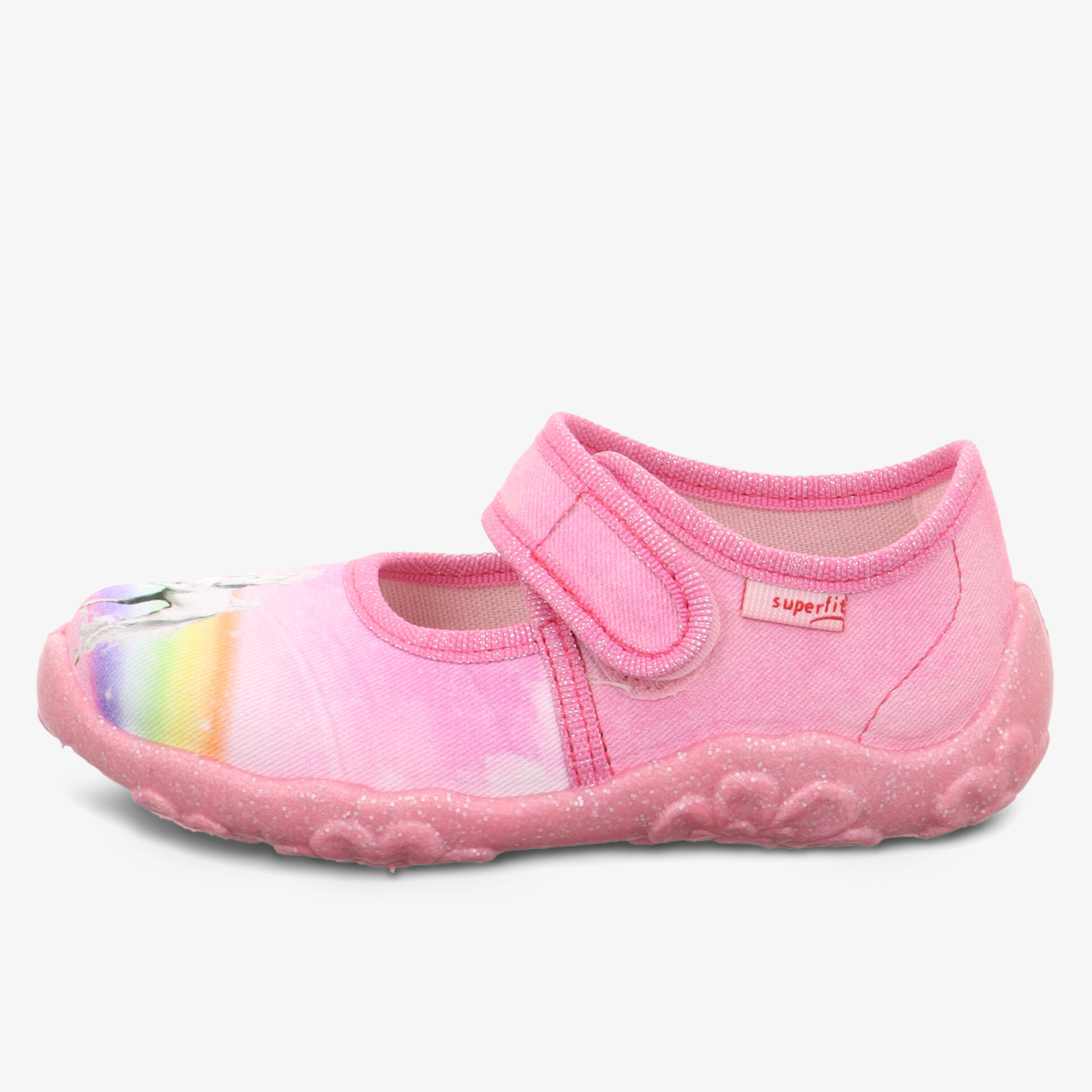 Rosa flexibler Kinderschuh mit Klettverschluss und buntem Regenbogenmuster, rutschfeste Sohle für sicheren Halt