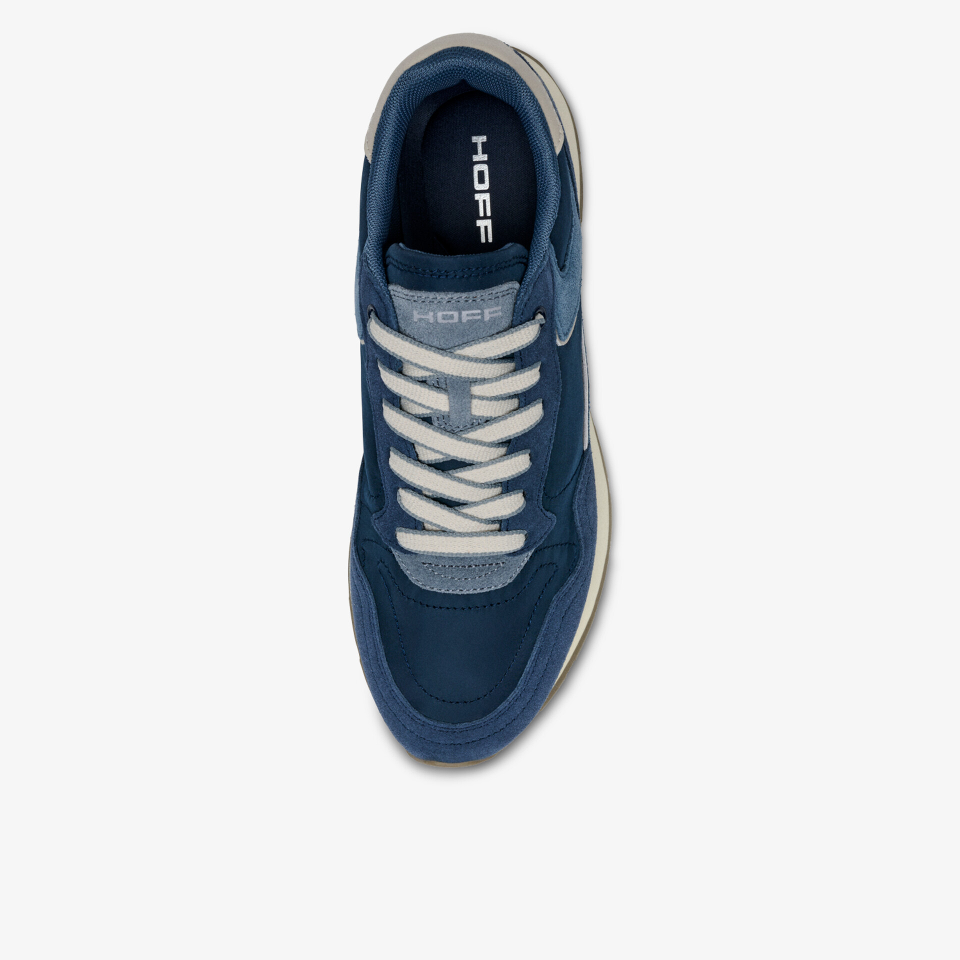 Moderner blauer Sneaker mit weißer Schnürung, ideal für Freizeit oder Alltag.